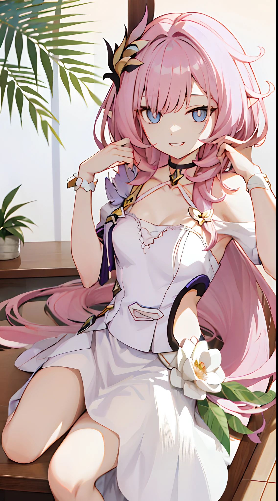 quadratic element,Honkai 3,Alicia,(((A pink-haired))),blue color eyes,long whitr hair,A busty woman,best qualityer,The pointed ears are slightly shorter,By bangs,dated,Long eyelashes,((dishiveredhair)),((White feather hair ornament)),ssmile,white off shoulder dress clothes,Palm up,Dull hair,anime artsyle,Genshin Impact,long whitr hair,extra very long hair,ventania,Look ahead,Anime girl sitting at table,long and flowing hair,Affectionate look,Be red in the face,grin,having fun,Flower shop