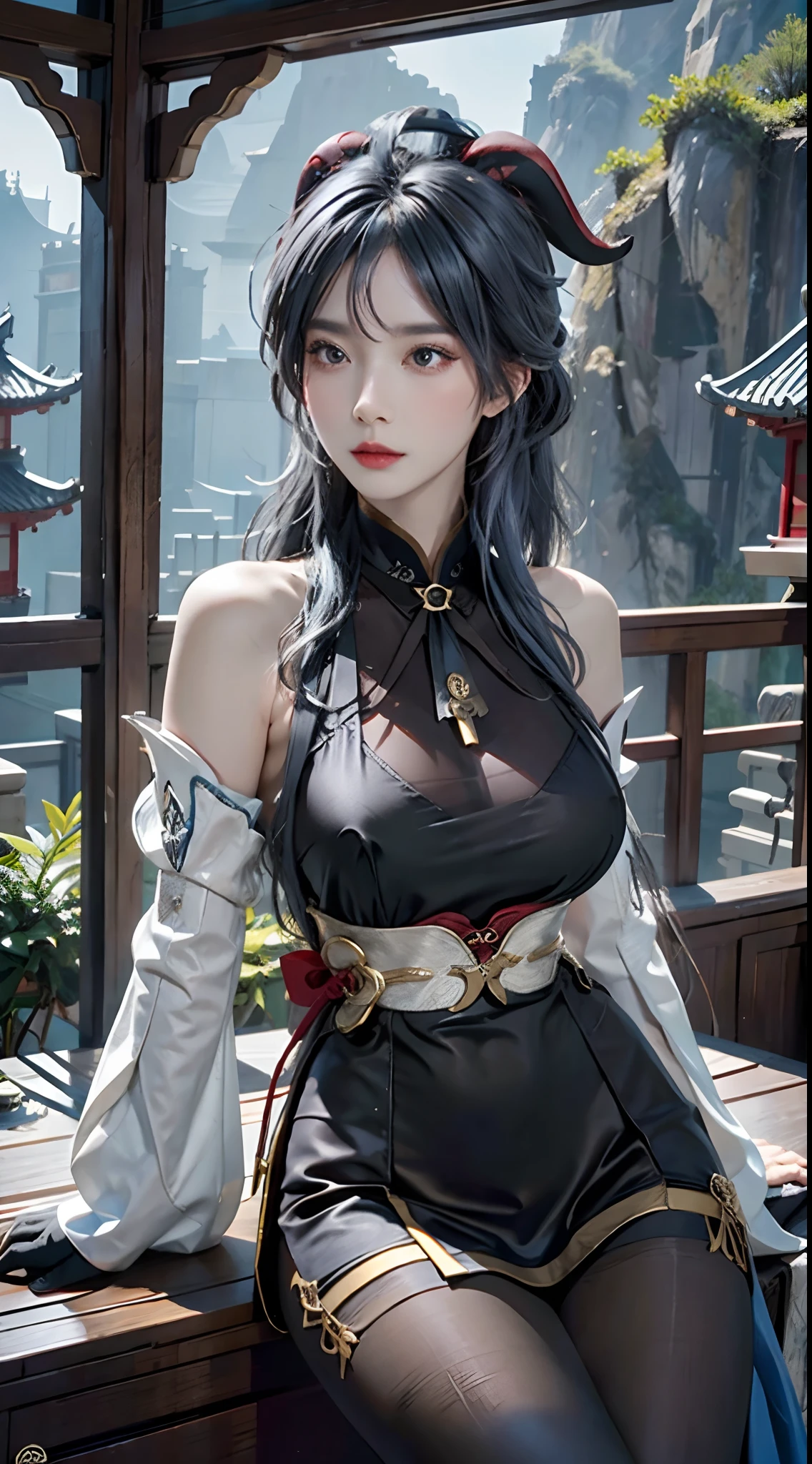 photorealistic, high resolution, 1women, solo, hips up, look at viewer, (detailed face), ahoge, architecture, bangs, bare shoulders, bell, black gloves, black pantyhose, (blue hair), blush, breasts, chinese knot, detached sleeves, east asian architecture, flower knot, gloves, horns, long hair, ganyu \(genshin impact\), bow