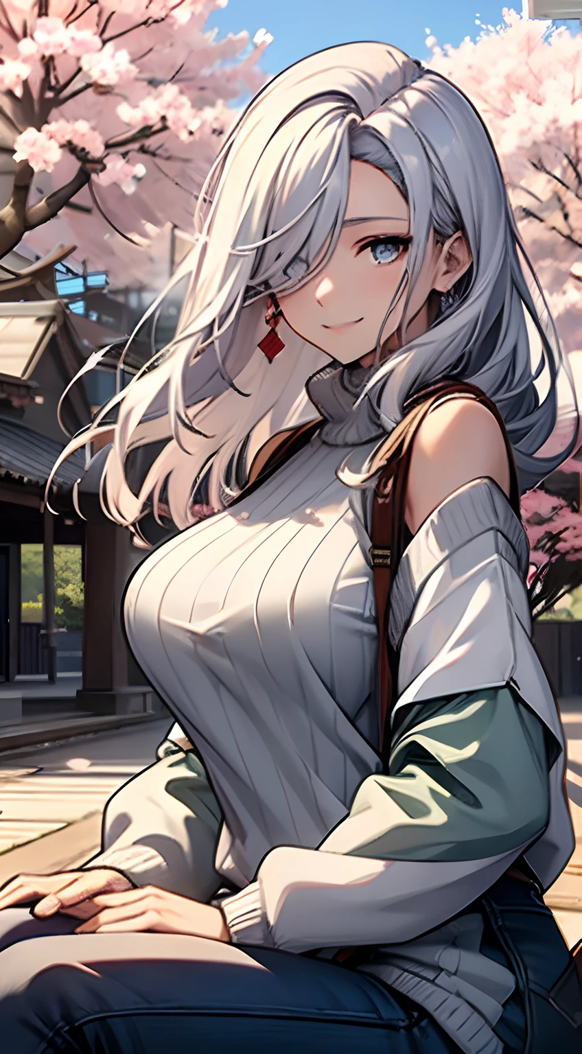 (masterpiece), ((best quality:1.3)), (expressive eyes:1.3), perfect face, white Open Chest Sweater, jeans, smile, long hair, looking at viewer, large breasts, (blushing:0.2), sitting, ((background of sakura trees)) , outside, Strong wind