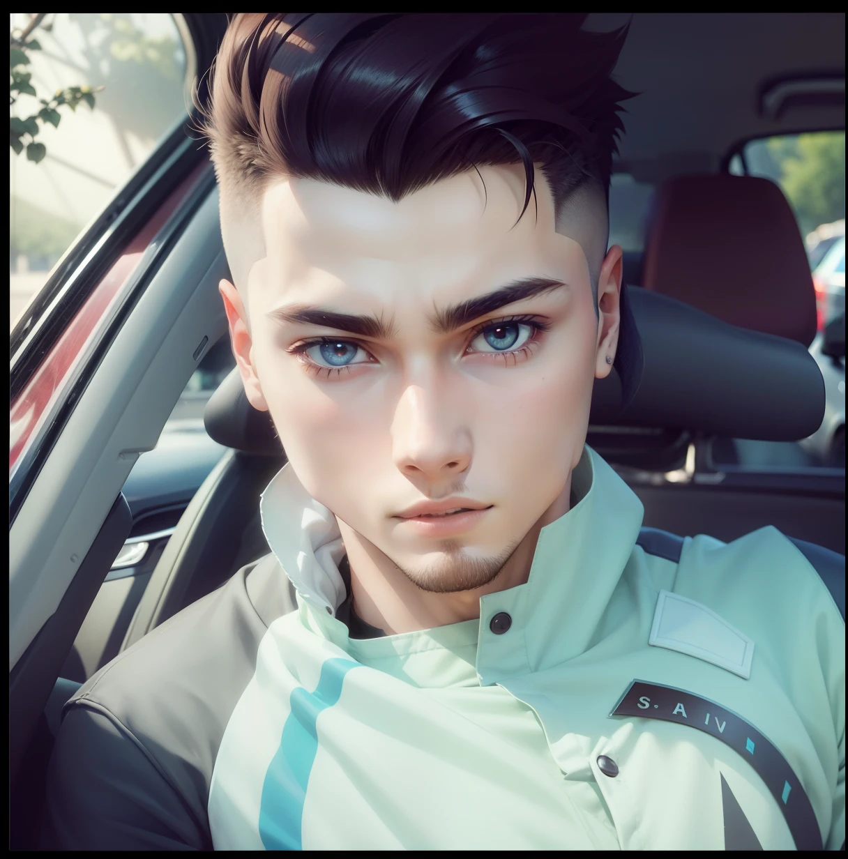 um garoto masculino dentro de um carro, foto no formato de anime, fanart, manga art, straight hair style social cut with the sides almost shaved on the head, has no beard on his face, sem pelos facial, adolescente, Light and radiant expression, sunbeam illumination, 8k