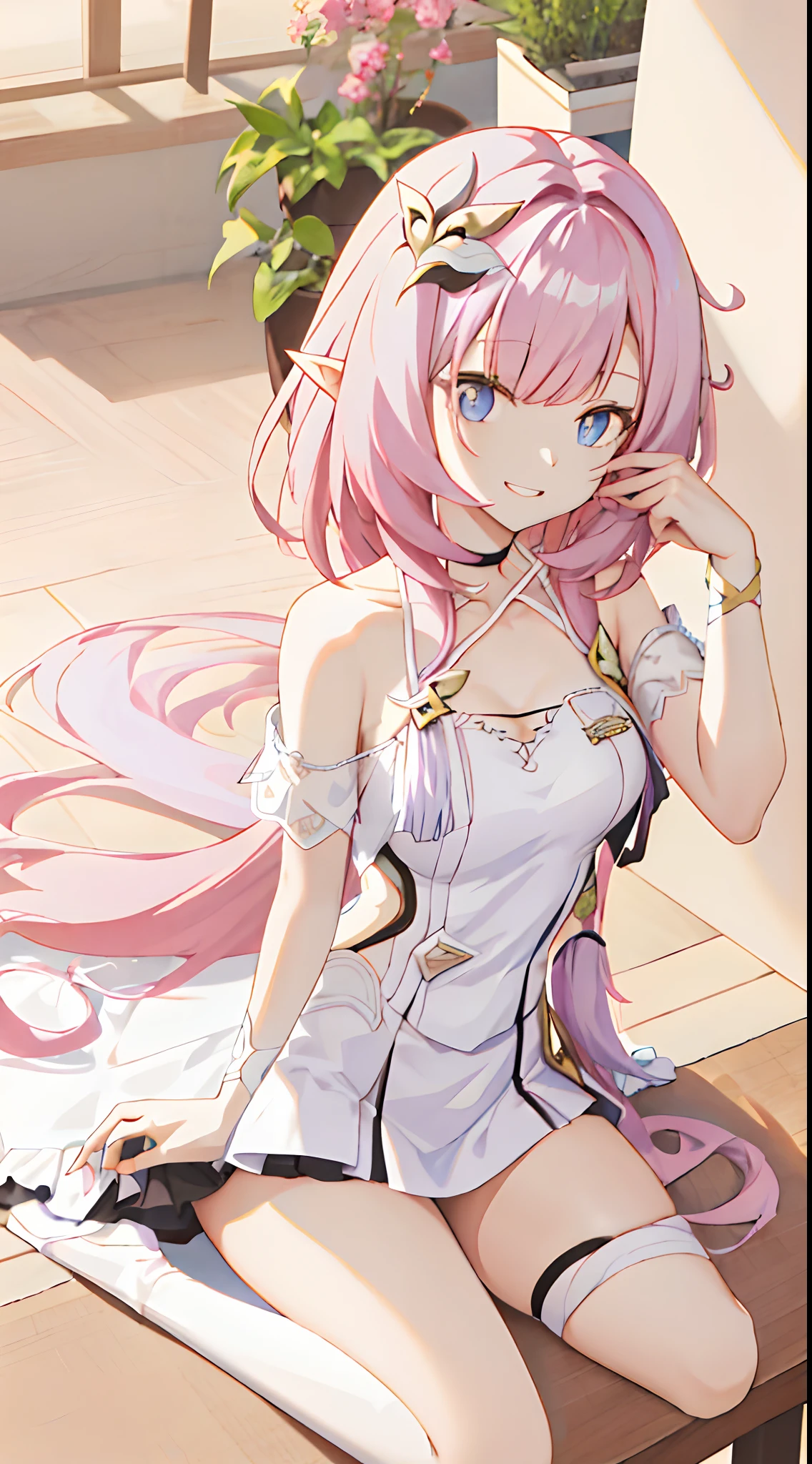 quadratic element，Honkai 3，Alicia，(((A pink-haired)))，blue color eyes，long whitr hair，A busty woman，best qualityer，The pointed ears are slightly shorter，By bangs，dated，Long eyelashes，（（dishiveredhair）），（（White feather hair ornament）），ssmile，white off shoulder dress clothes，Palm up，Dull hair，anime artsyle,Genshin Impact，long whitr hair，extra very long hair，ventania，Look ahead，Anime girl sitting at table,long and flowing hair，Affectionate look，Be red in the face，grin，having fun，Flower shop