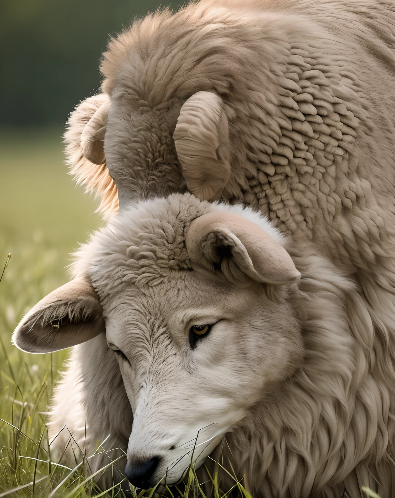 Ultra realistic photo of Jesus hugging a sheep, showing protection against the wolf. The scene takes place in a verdant field, under the golden afternoon sun. The atmosphere is gloomy and dangerous, the sheep convey peace and confidence. Sunlight breaking through the darkness, highlighting the details of Jesus' affectionate expressions and the soft texture of the sheep's wool. Soft light creates delicate shadows, adding depth to the image --auto --s2