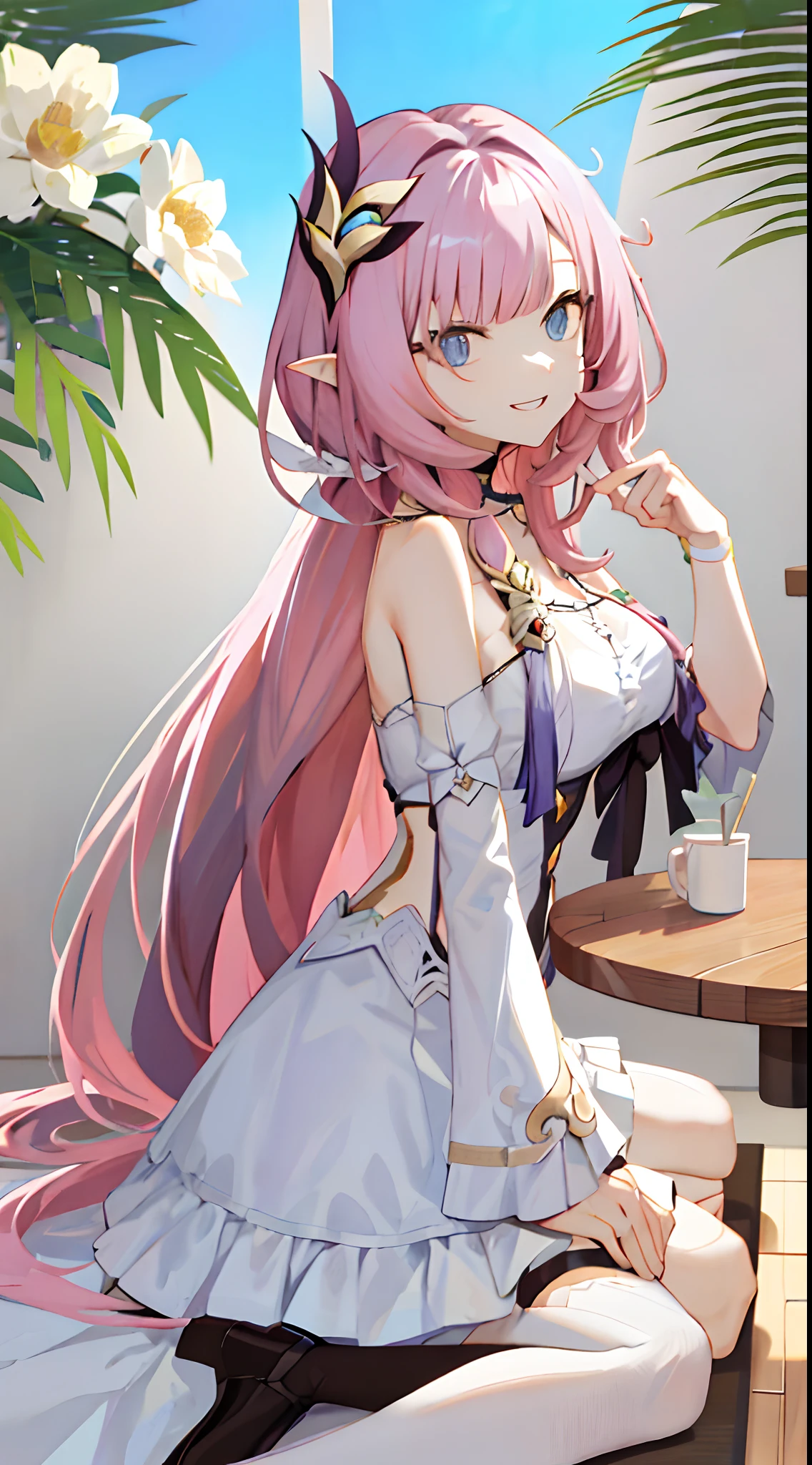 quadratic element，Honkai 3，Alicia，(((A pink-haired)))，blue color eyes，long whitr hair，A busty woman，best qualityer，The pointed ears are slightly shorter，By bangs，dated，Long eyelashes，（（dishiveredhair）），（（White feather hair ornament）），ssmile，white off shoulder dress clothes，Palm up，Dull hair，anime artsyle,Genshin Impact，long whitr hair，extra very long hair，ventania，Look ahead，Anime girl sitting at table,long and flowing hair，Affectionate look，Be red in the face，grin，having fun，Flower shop