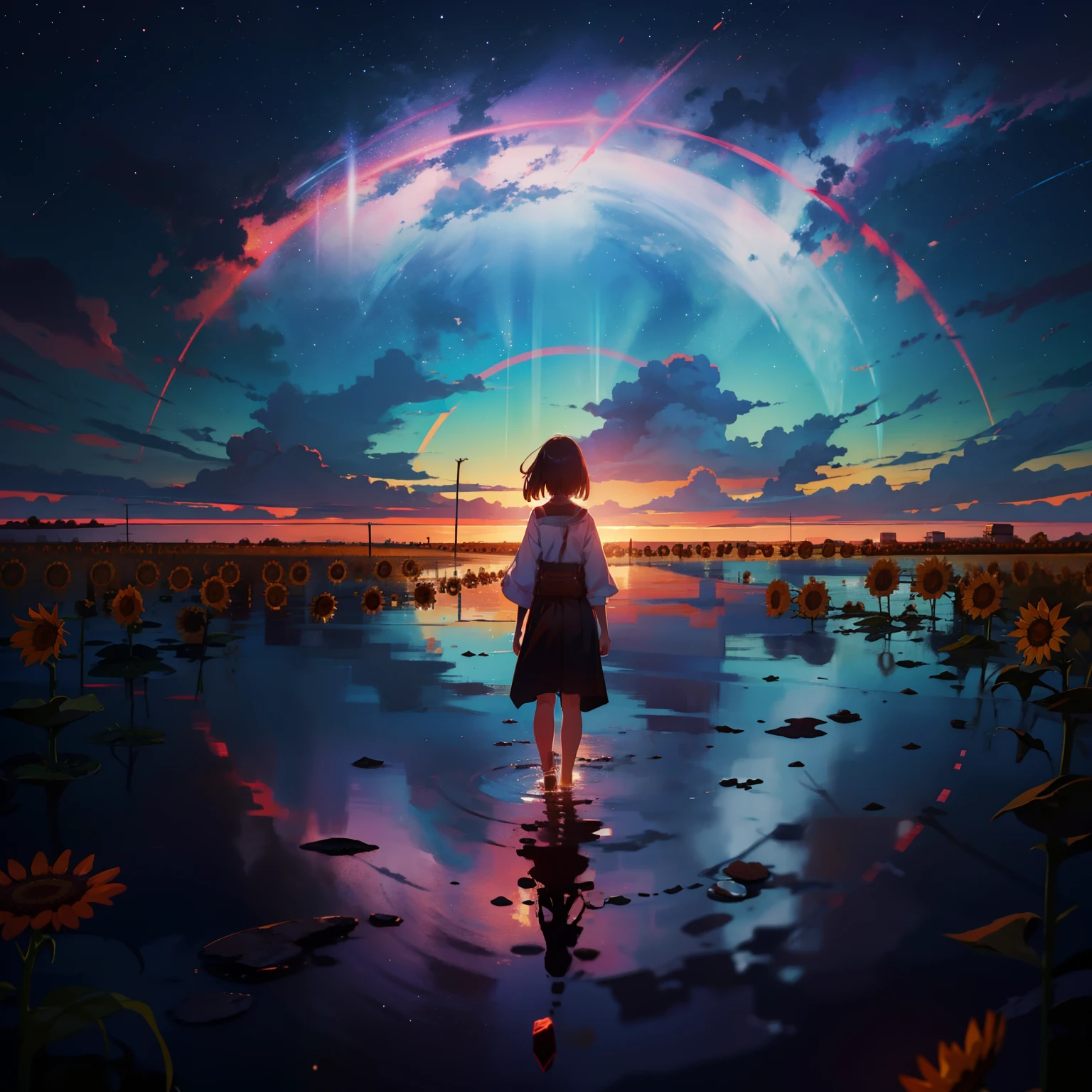 夏天, white clouds, sunflowers fields、Runway: 1.2, tree, shooting stars, Small Waterhole, Reflectors, Suny, sunlights, wide angles, top-quality, 8K, Near and far law, depth of fields, hight resolution, finedetail, The ultra-detailliert, foco nítido、Girl looking up at the sky