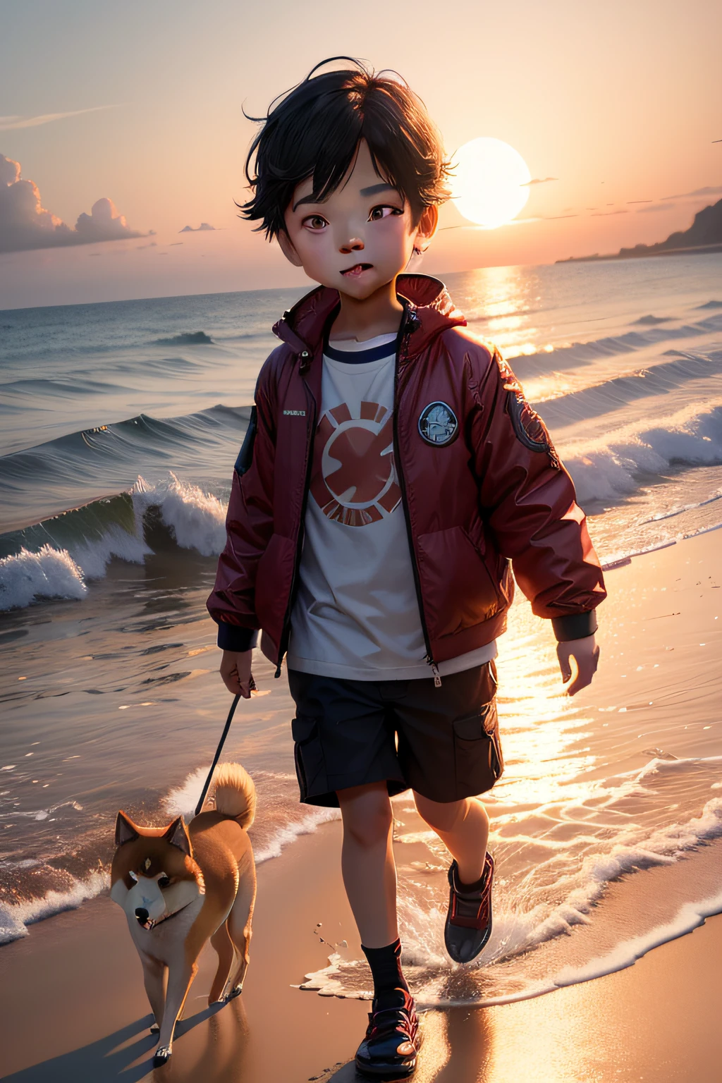 tmasterpiece,Best quality at best,As an avatar,The picture should be square,(Best quality at best),(The best illustrations),(The best shadow),A cheerful leads a cute Shiba Inu by the sea,early evening,The sky is covered with purplish-red clouds,The sea lapping against the sand,The fiery red sun hangs in the west。(nature elements),(Particle effect)and other 3D, Octane rendering,Ray traching,Super meticulous --v6