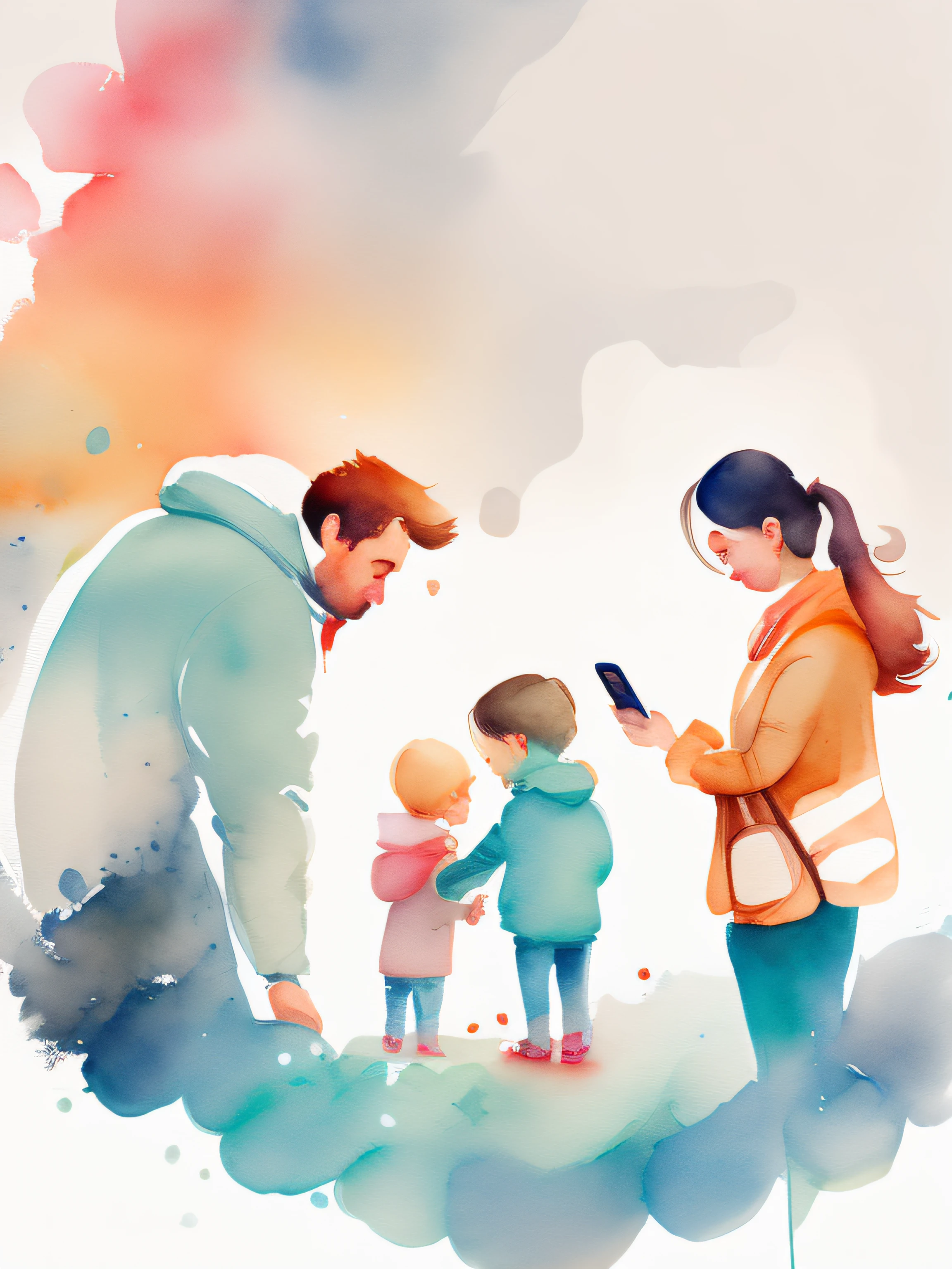 Parents play with their children on their phones,blur backgroun, White undertone , vector-art, water color background, Warm