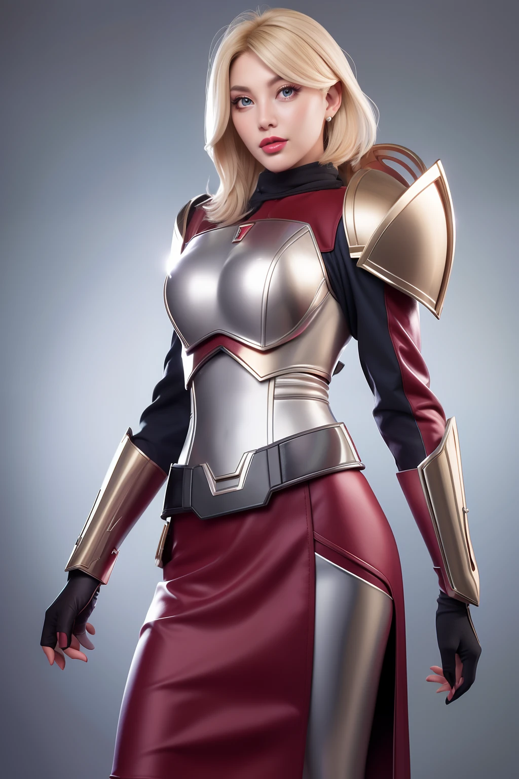Beautiful Face Woman、a blond、Platinum background、 Beautuful Women、18year old、prety woman、hyper realistic photography、High-definition photos、Red Lipstick、Mandalorian Style Metal Armor Skirt Suit、big eye、The skin is not very exposed、Do not cut your head off the screen、skirt by the、android
