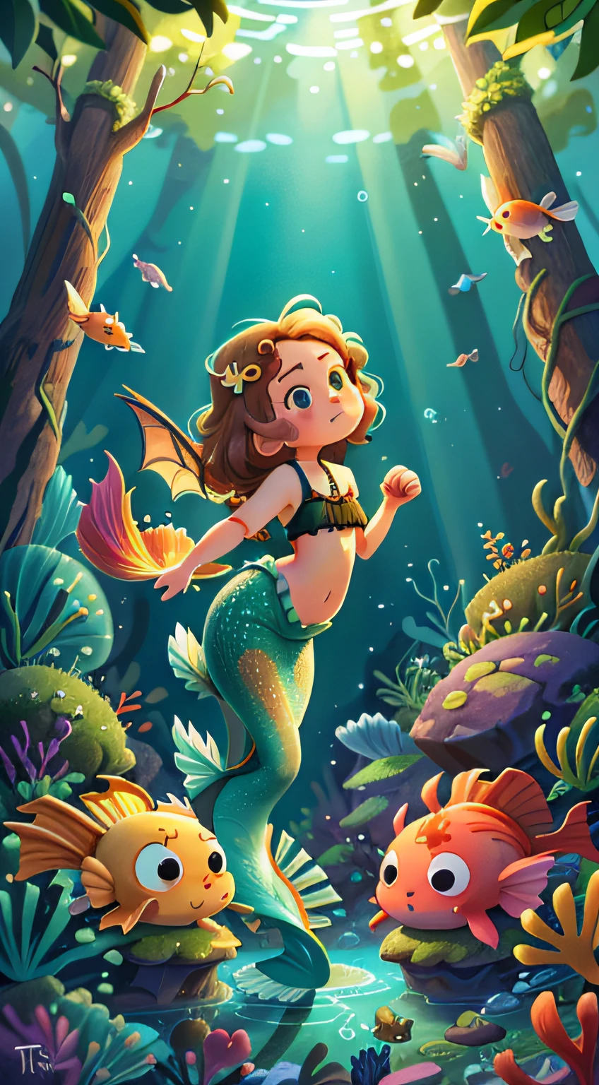 underwaterstyle((best qualtiy)), ((tmasterpiece)), (A detailed), pastelcolor, (A high resolution), Movie rating, high qulity,mermaids,face perfect,borgar, Flying fish, Red koi,Circling, delicate wings, Dragon Spitfire, magia,