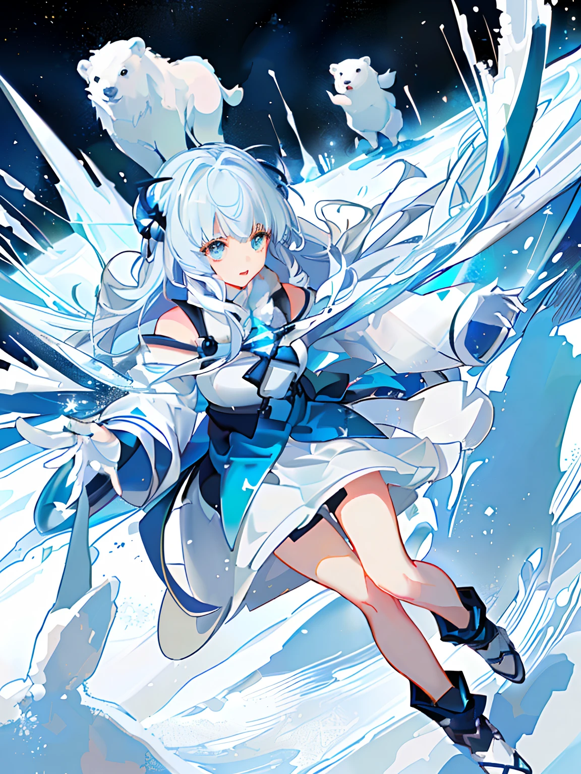 Anime girl with white hair and blue dress in snow with polar bear, Ayaka Genshin impact, Splash art anime Loli, Official artwork, Official anime artwork, white cyan, trending on artstation pixiv, high detailed official artwork, Ice Mage, white-haired god, Detailed key anime art, ice sorceress, an anime portrait of cirno