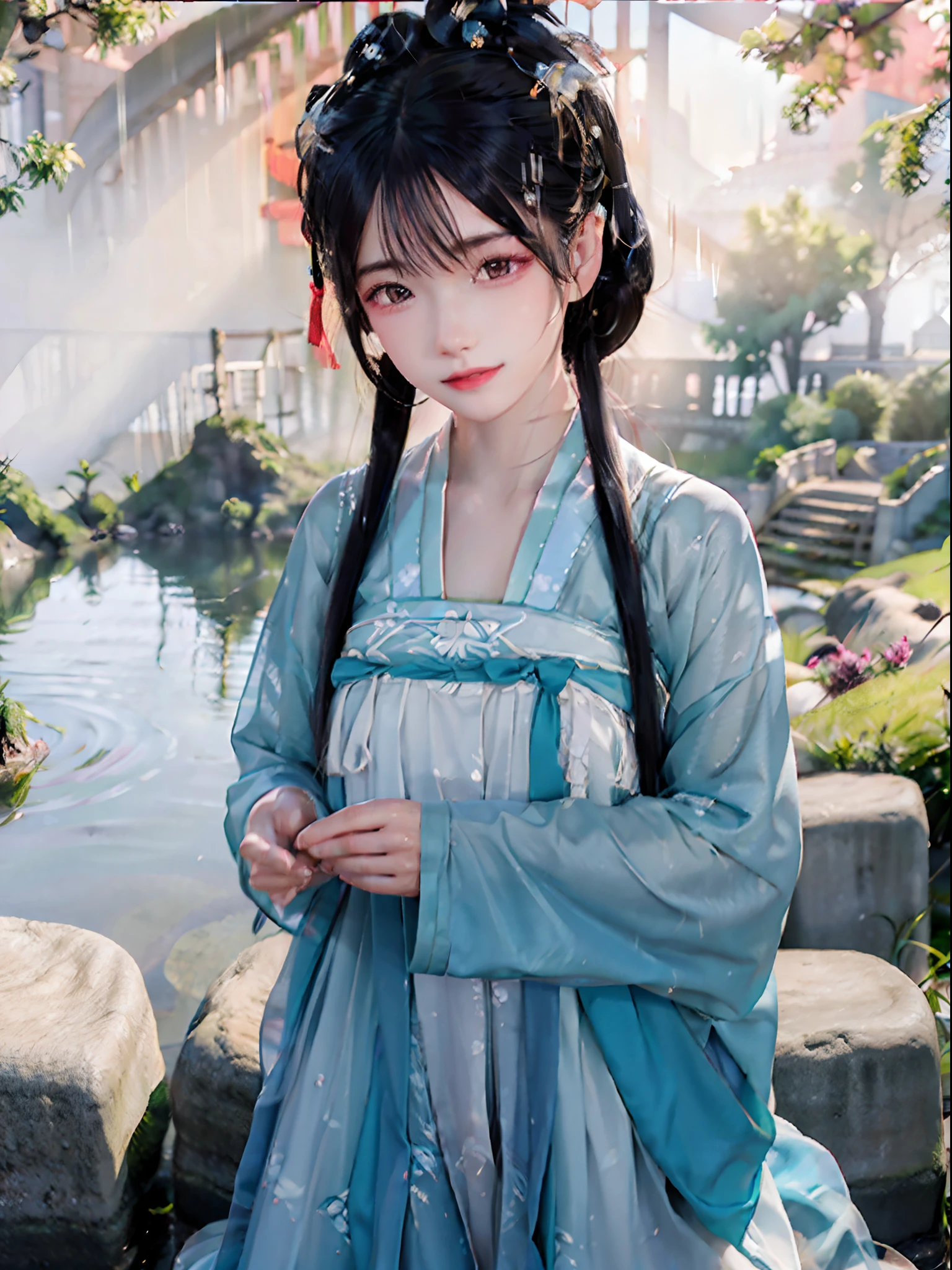 (Chinese landscape), (Zen, Emisore style), 1 girl, upper body portrait close-up, hazy beauty, extremely beautiful facial features, blue Hanfu, hairpins on the head, (spring, rainy days, terraces, mountains), simple vector art, contemporary Chinese art, color gradient, pastel color palette, layered form, whimsical picture