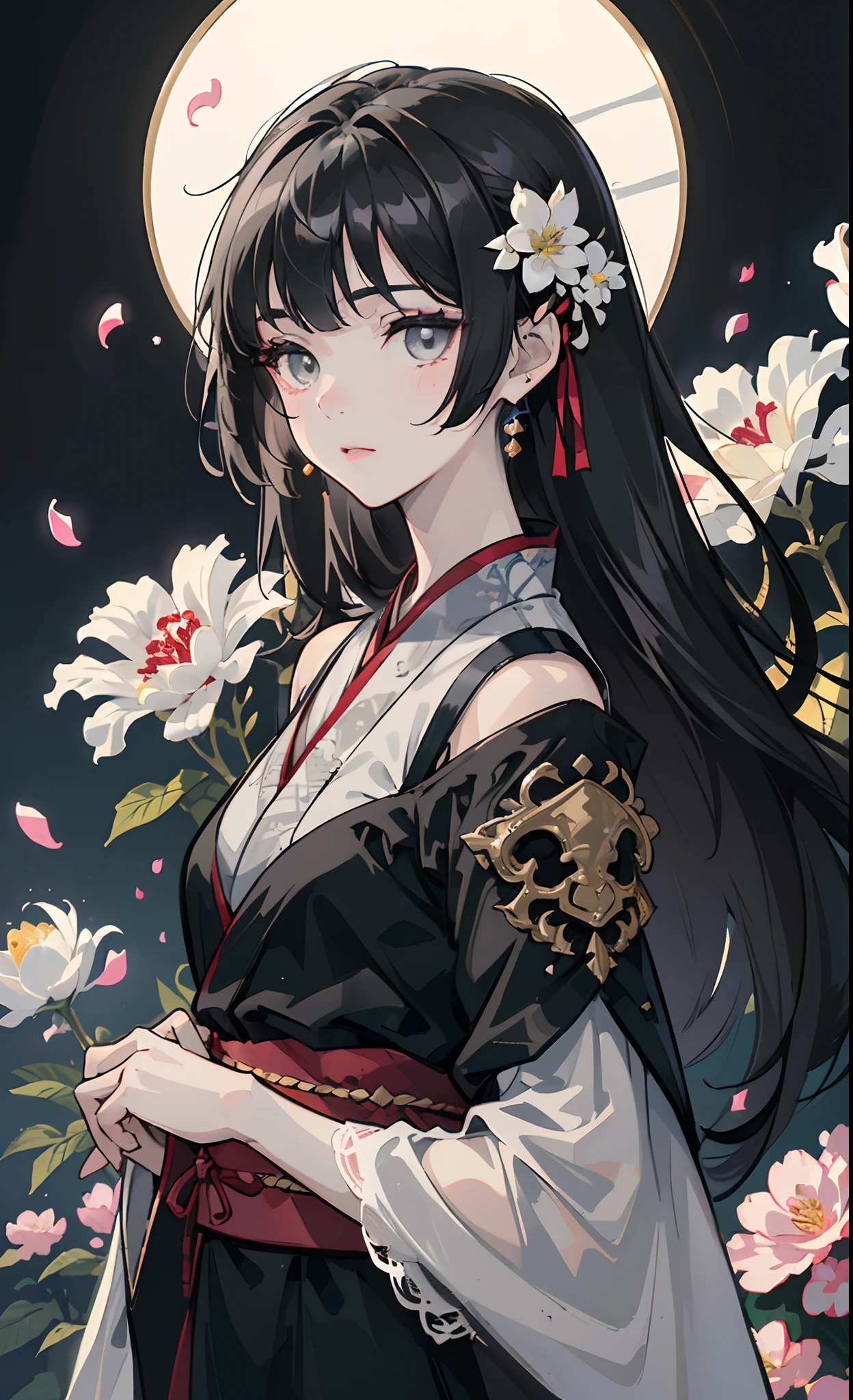 (:1.5),Lace,ribbon,Hanfu,(Masterpiece, side-lighting, Beautiful gray eyes with fine and detailed details: 1.2), Masterpiece, Realistic, Glowing eyes,Shiny hair,Black hair,long whitr hair, Glossy glossy skin, Solo, embarressed,No shoulder strap,Exquisite,prettify,sonoko,Flowers,flying petal,