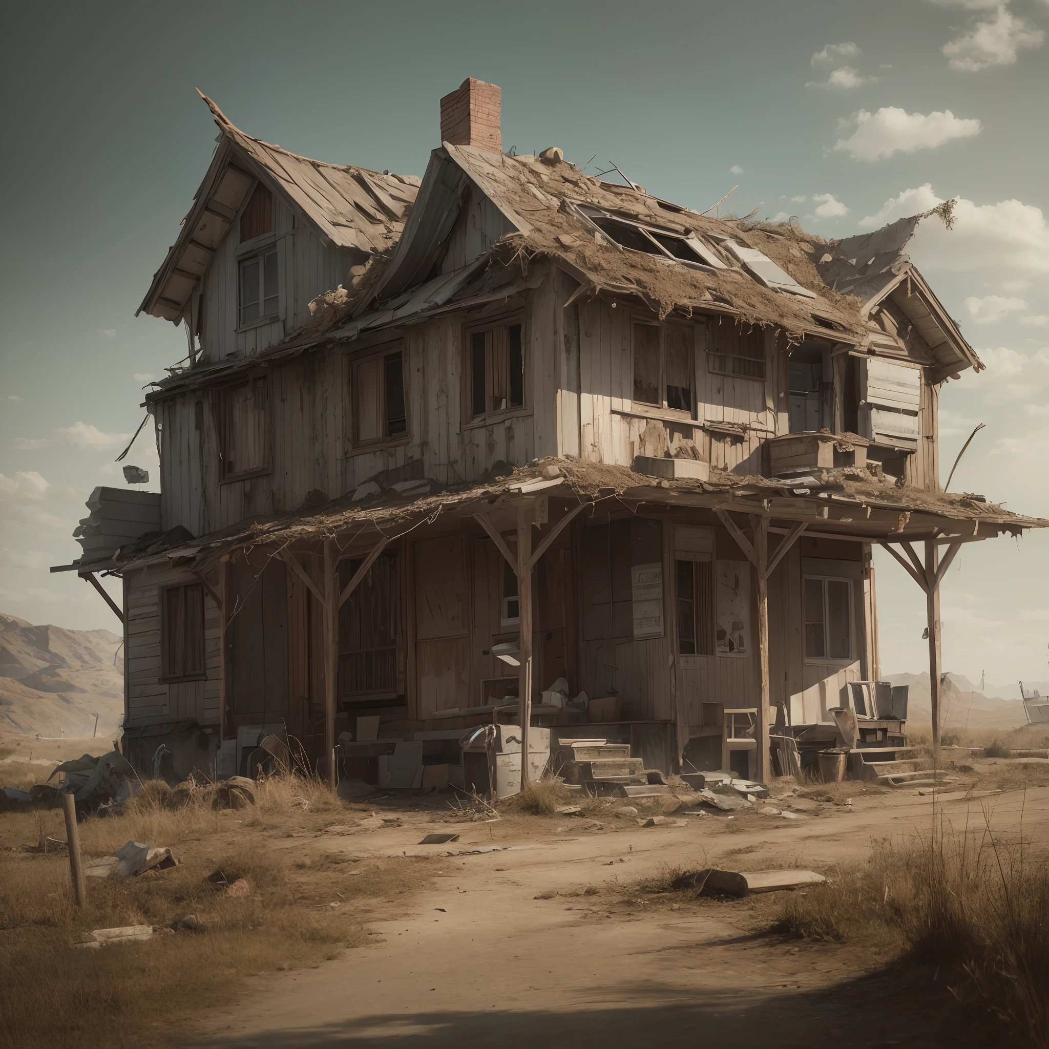 Post apocalyptic house. muy detallado. 8k. alta calidad. ultra detallada. fotorrealista. Pintura digital