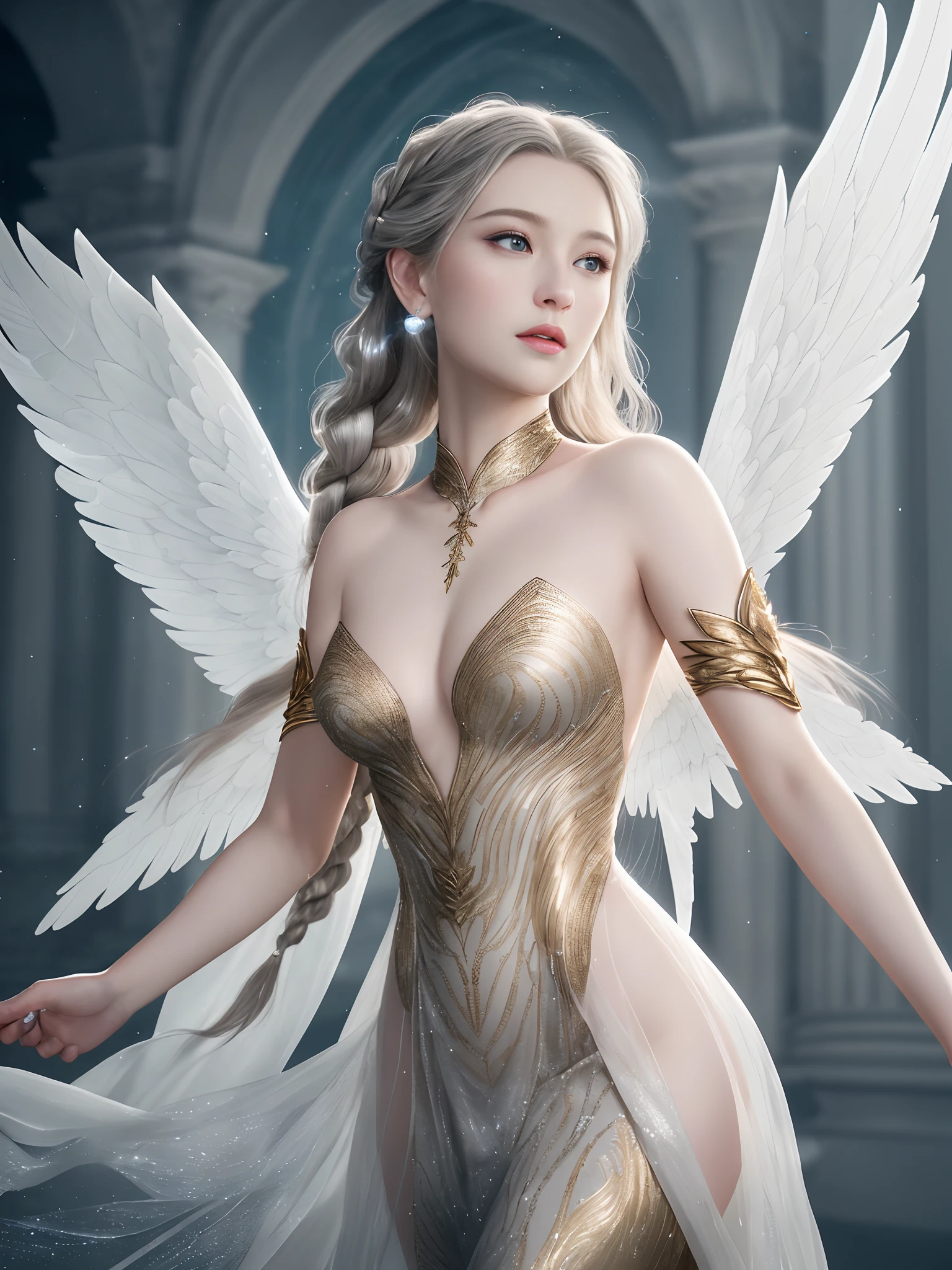 (masterpiece, best quality, photorealistic, highly detailed, octane render, unreal engine, 8k HD, hyper-detailed, realistic skin texture, best quality, ultra high res, raw photo, dramatic lighting, unreal engine, diffuse glow, dynamic pose), A female archangel with beautiful features would likely have striking, ethereal looks that would inspire awe and wonder in anyone who beheld her. She might have piercing blue or green eyes that seemed to glow with an inner light, framed by long lashes that brushed against her delicate cheekbones. Her skin might be porcelain pale, with a soft, rosy blush that highlighted her high cheekbones.
Her hair might be long and flowing, with strands of gold or silver that shimmered like starlight in the sun. It might be styled in intricate braids or loose waves that cascaded down her back, or perhaps pulled back into an elegant updo that showcased her graceful neck.
Her wings would be magnificent, with feathers as white as snow and shimmering with an otherworldly light. They might be large and imposing, giving her an aura of power and majesty, or perhaps delicate and intricate, reflecting her refined and elegant nature.
In short, a female archangel with beautiful features would be a vision of divine beauty, radiating grace, power, and wonder in all who beheld her