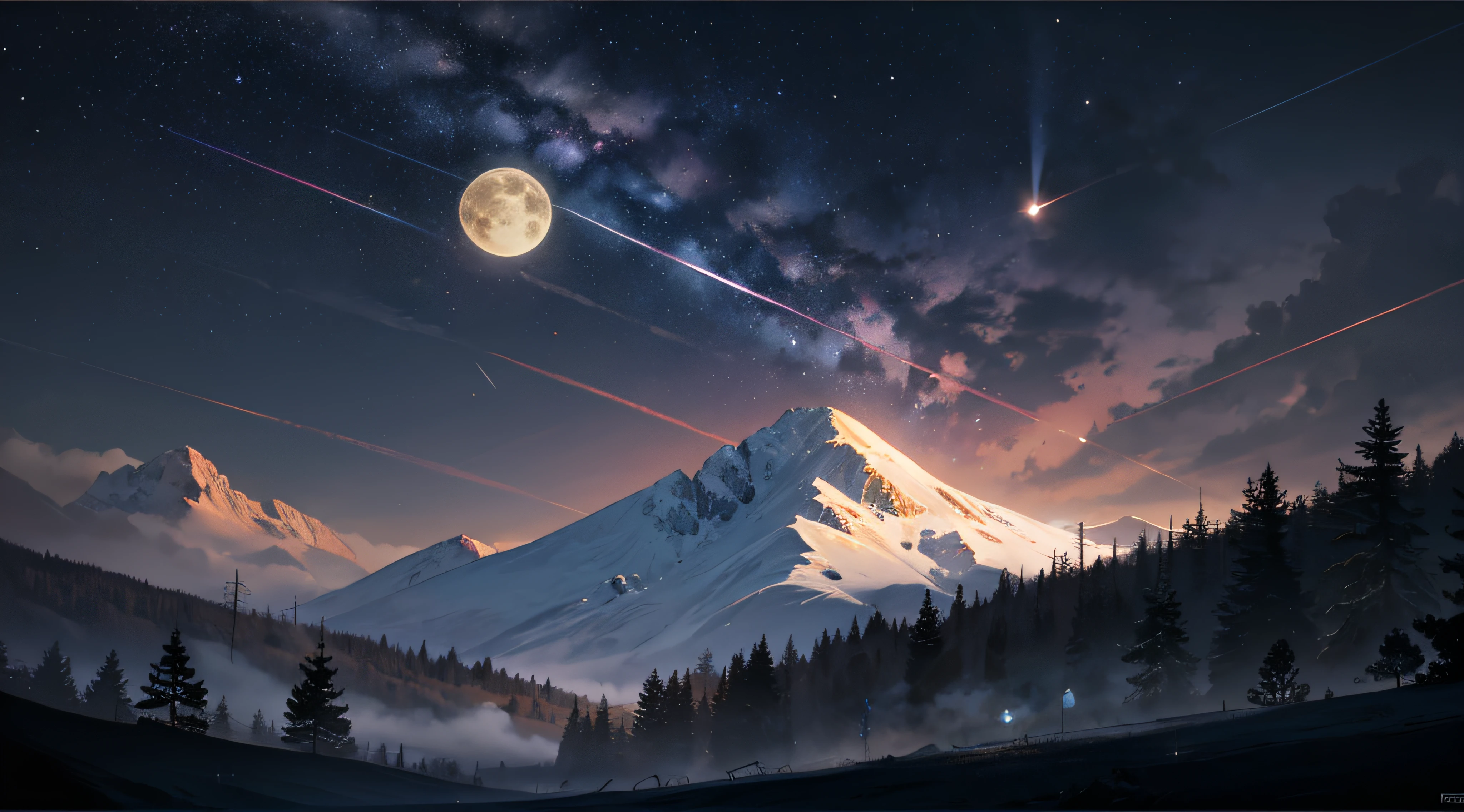 Expansive landscape photograph，（moon full：1.2），（meteors：0.9），（Starcloud：1.3），（Warm light source：1.2），（glowworm：1.2），lamp lights，Lots of purple and orange，Complicated details，Volumetriclighting，Realism BREAK（tmasterpiece：1.2），（best qualtiy），8K，Ultra-detailed，（dynamic compositions：1.4），The is very detailed，Colorful details，（Irridescent color：1.2），（luminouslighting，Atmospheric lighting），dream magical，magical，（独奏：1.2），（（best qualtiy））， （（tmasterpiece））， （the detail：1.4），depth of fields，maximum definition and sharpness，perfectly proportions，Fluttering clouds，Wallpapers