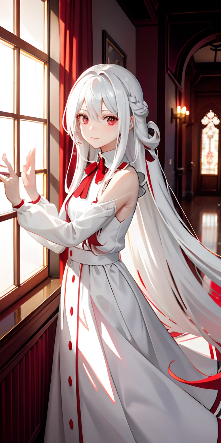 1 rapariga,White anime long hair,Light red anime eyes,Black and white dress,hall,red wine,sunlight streaming in from the window,Relaxed expression