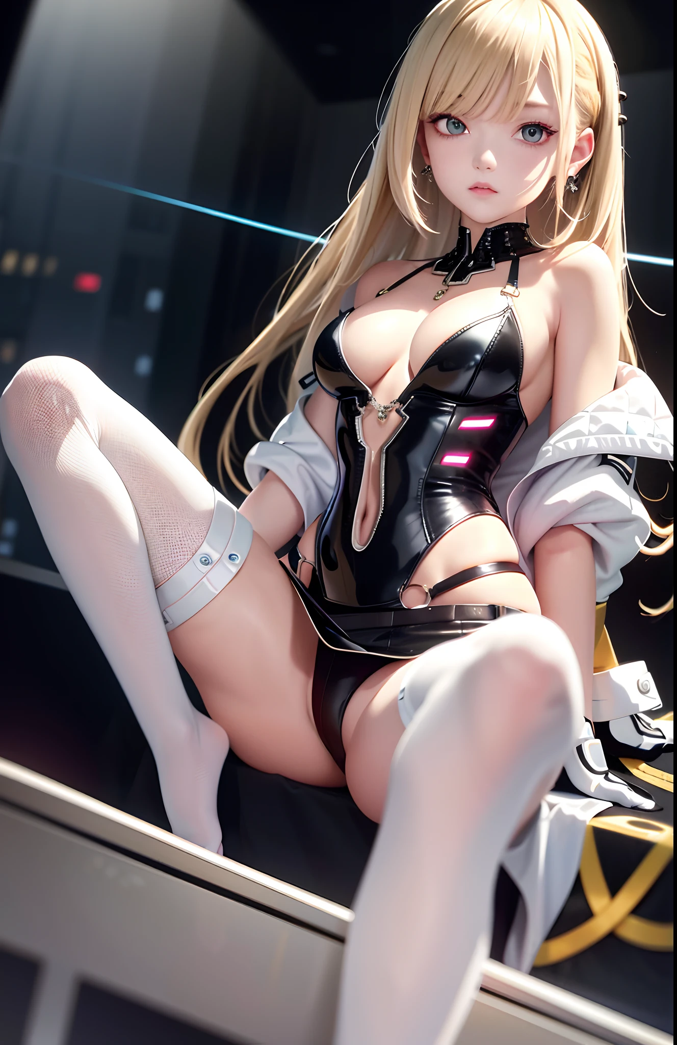 optimum,tmasterpiece,A high resolution,best qualtiy,hyper HD,super detailing,Award-Awarded,16k,独奏,(The upper part of the body),anatomy correct,Beautiful cyberpunk girl,Ex Machina,cute face,high light,Gradient Beige Hair,Hairline,((Scarlet eyes)),long eyelasher,Hanging eye corners,White skin of the,(small boobs),(Slim body),((Tight short jacket)),((frilled_dress)),ear studs,(neck rings), very short gloves,(Laser material clothing:1.2)