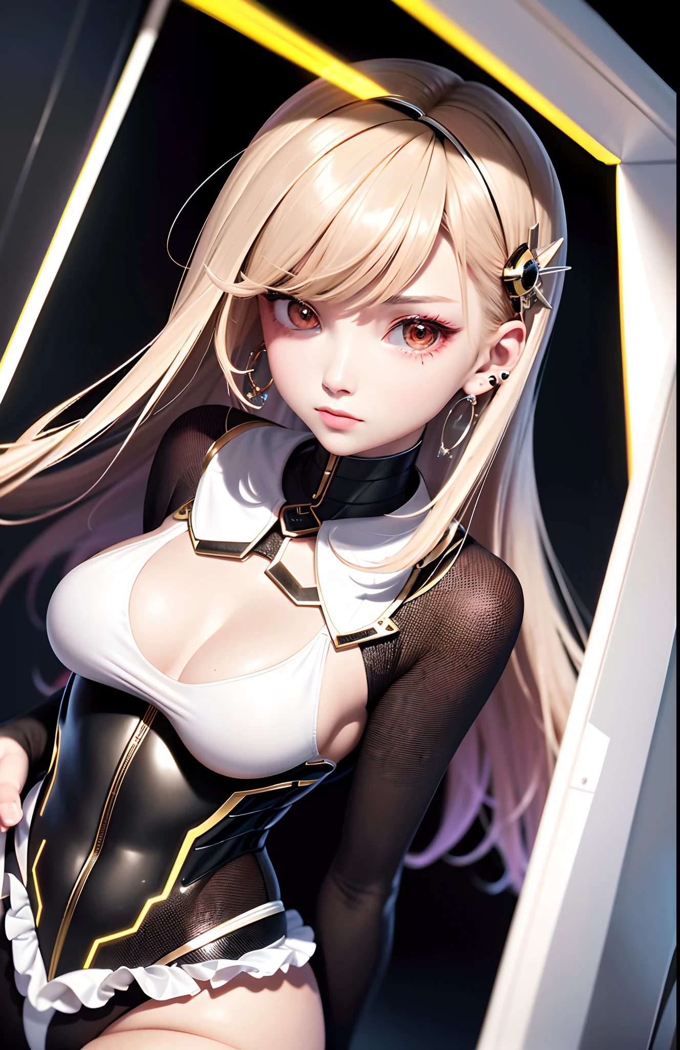 optimum,tmasterpiece,A high resolution,best qualtiy,hyper HD,super detailing,Award-Awarded,16k,独奏,(The upper part of the body),anatomy correct,Beautiful cyberpunk girl,Ex Machina,cute face,high light,Gradient Beige Hair,Hairline,((Scarlet eyes)),long eyelasher,Hanging eye corners,White skin of the,(small boobs),(Slim body),((Tight short jacket)),((frilled_dress)),ear studs,(neck rings), very short gloves,(Laser material clothing:1.2)