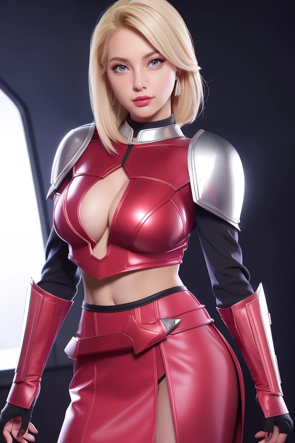 Beautiful Face Woman、a blond、Platinum background、 Beautuful Women、18year old、prety woman、hyper realistic photography、High-definition photos、Red Lipstick、Mandalorian Style Metal Armor Skirt Suit、big eye、The skin is not very exposed、Do not cut your head off the screen、skirt by the、android