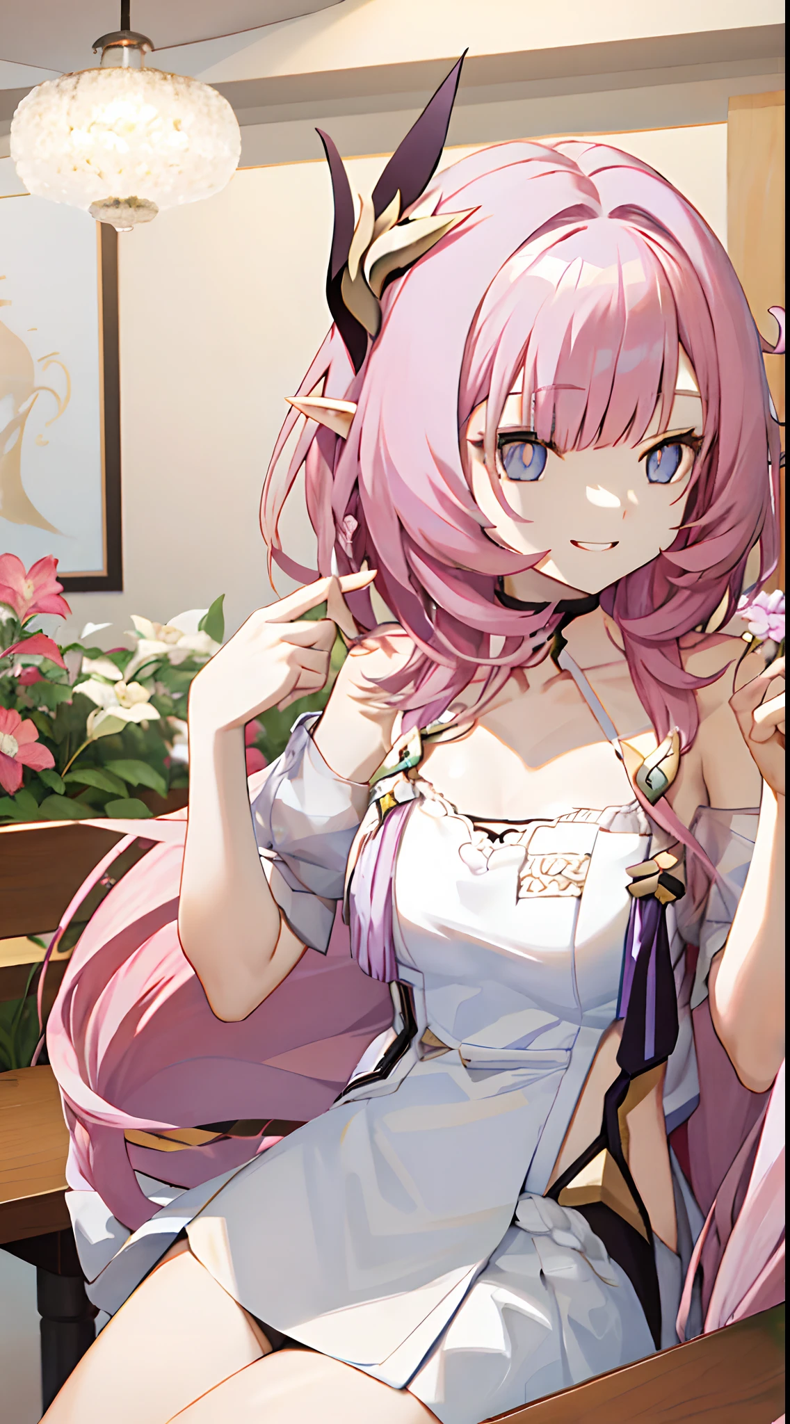 quadratic element，Honkai 3，Alicia，(((A pink-haired)))，blue color eyes，long whitr hair，A busty woman，best qualityer，The pointed ears are slightly shorter，By bangs，dated，Long eyelashes，（（dishiveredhair）），（（White feather hair ornament）），ssmile，white off shoulder dress clothes，Palm up，Dull hair，anime artsyle,Genshin Impact，long whitr hair，extra very long hair，ventania，Look ahead，Anime girl sitting at table,long and flowing hair，Affectionate look，Be red in the face，grin，having fun，Flower shop