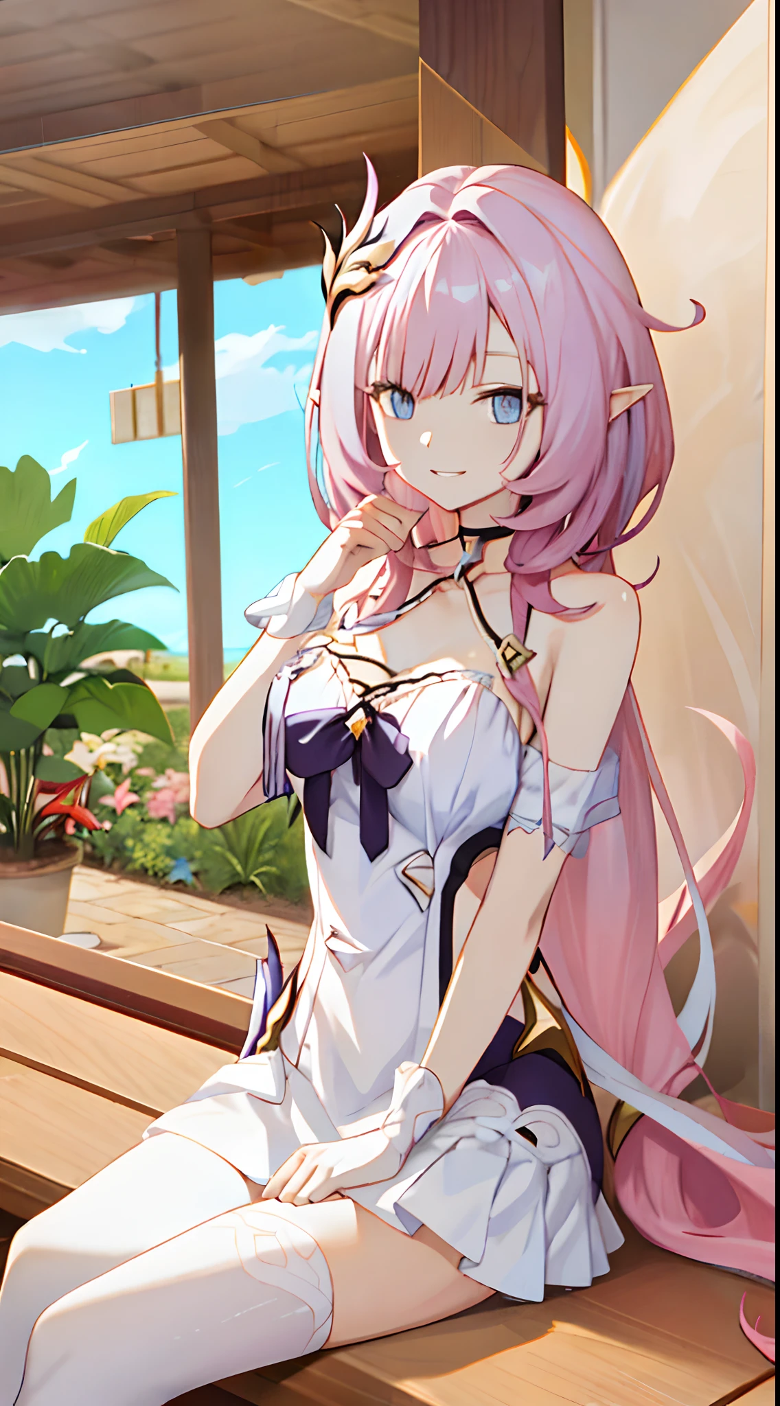 quadratic element，Honkai 3，Alicia，(((A pink-haired)))，blue color eyes，long whitr hair，A busty woman，best qualityer，The pointed ears are slightly shorter，By bangs，dated，Long eyelashes，（（dishiveredhair）），（（White feather hair ornament）），ssmile，white off shoulder dress clothes，Palm up，Dull hair，anime artsyle,Genshin Impact，long whitr hair，extra very long hair，ventania，Look ahead，Anime girl sitting at table,long and flowing hair，Affectionate look，Be red in the face，grin，having fun，Flower shop