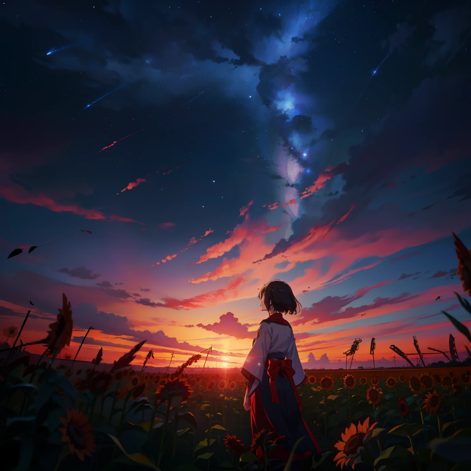 夏天, white clouds, sunflowers fields、Runway: 1.2, tree, shooting stars, Small Waterhole, Reflectors, Suny, sunlights, wide angles, top-quality, 8K, Near and far law, depth of fields, hight resolution, finedetail, The ultra-detailliert, foco nítido、Girl looking up at the sky