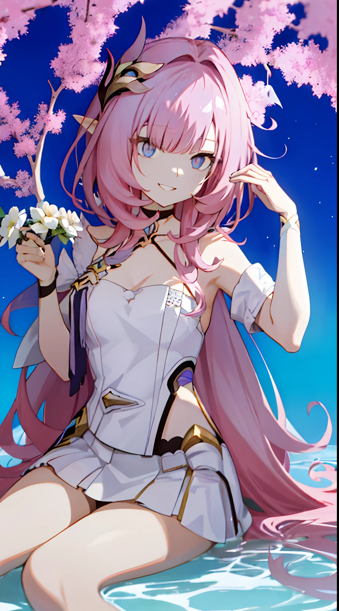 quadratic element，Honkai 3，Alicia，(((A pink-haired)))，blue color eyes，long whitr hair，A busty woman，best qualityer，The pointed ears are slightly shorter，By bangs，dated，Long eyelashes，（（dishiveredhair）），（（White feather hair ornament）），ssmile，White off-the-shoulder ceremony，Palm up，Dull hair，anime artsyle,Genshin Impact，long whitr hair，extra very long hair，ventania，Look ahead，Anime girl sitting at table,long and flowing hair，Affectionate look，Be red in the face，grin，having fun