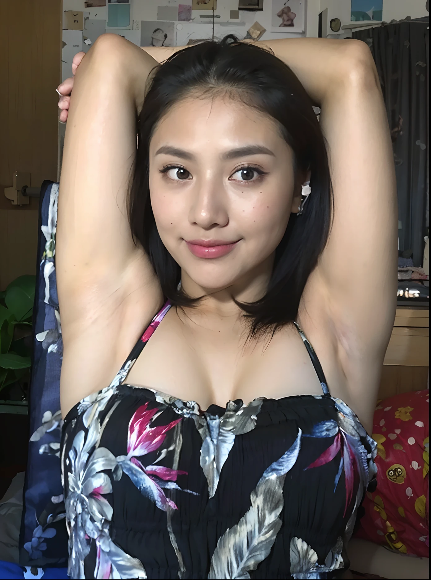30 years old woman, milf, RAW photo, (((bokeh))), (photorealistic:1.4, realistic), highly detailed CG unified 8K wallpapers, 1girl, ((thick body:0.8)), (clevage, huge breasts:1.1), looking at viewer, ((straight from front)), (HQ skin:1.4), 8k uhd, dslr, soft lighting, high quality, film grain, Fujifilm XT3, (((upper body:1.4))), ((black bikini)), (((on bed)))  taniaayusiregar, armpits, underarms, arms bare, arms up, arms over head