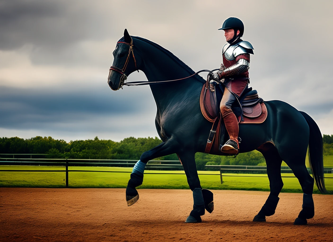 Leather armor,ride horse,Reddish-brown hair,dark blueeyes,Long boots