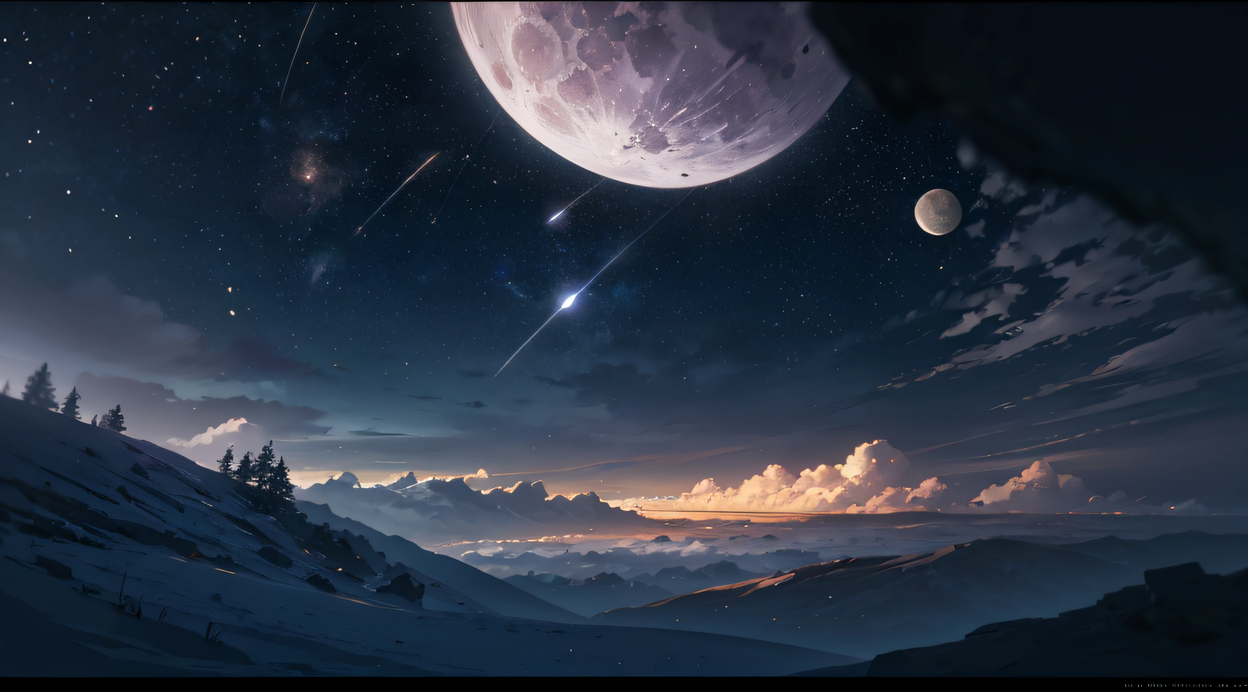 Expansive landscape photograph,(moon full:1.2),(meteors:0.9),(Starcloud:1.3),(Warm light source:1.2),(glowworm:1.2),lamp lights,Lots of purple and orange,Complicated details,Volumetriclighting,Realism BREAK(tmasterpiece:1.2),(best qualtiy),8K,Ultra-detailed,(dynamic compositions:1.4),The is very detailed,Colorful details,(Irridescent color:1.2),(luminouslighting,Atmospheric lighting),dream magical,magical,(独奏:1.2),((best qualtiy)), ((tmasterpiece)), (the detail:1.4),depth of fields,maximum definition and sharpness,perfectly proportions,Fluttering clouds,Wallpapers