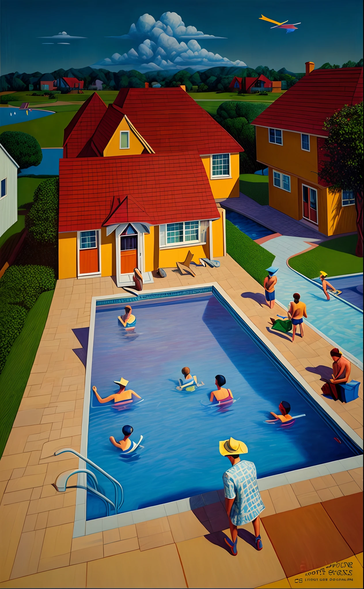 painting of a pool with origami people swimming in it and a house in the background, by Stevan Dohanos, happy colors. rob gonsalves, inspired by John Philip Falter, inspired by David Inshaw, inspired by Robert Ballagh, inspired by Archibald Motley, by David Inshaw, inspired by Stevan Dohanos