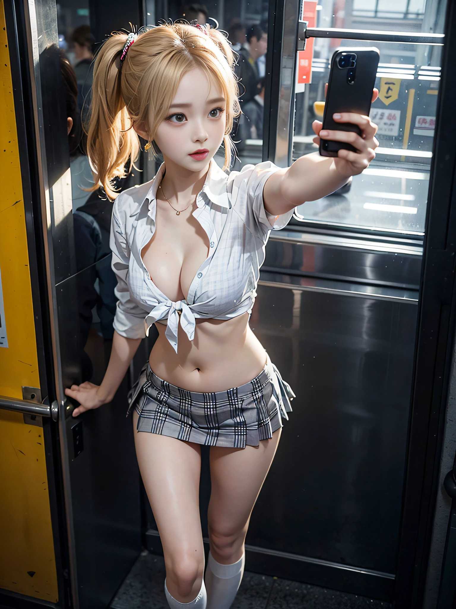 NSFW:2, ighly detailed、8k RAW photo、Photo from the knee up、masutepiece、top-quality、Shooting with an ultra-wide-angle camera、photo realistic1.3, Focus up thigh from bottom:1.8、Use perspectives:1.8、bokeh dof、Ultra-realistic、Perfect and complete biologically correct depiction of the human body:1.4,　１girl with、独奏:1.7, (pureerosface_v1:1,8), Dark darkness、Subway scene in Japan at night、High school girl standing against the wall of the train:1.8, Take a selfie、Soft lighting from above、High School School Uniform、White Button Up Open Shirt Blouse、Very loose plaid tie、cleavage of the breast、Below the navel with the navel out２０Centimeter plaid student pleated mini skirt、Loafers with thick soles、holding a smartphon、Black Student Bag、Surreal girl、Petite and very cute Japan high school girl、goddess of Japan、Blonde hair color mixed with gray hair、Half Down Twin Tail Hairstyle:1.7, 、Lori、Slender Big、very beautiful big round breasts、thin and soft abdomen,、Beautifully constricted thin waist、Small cute ass、very beautiful and thin thighs,、Thigh Gaps、Very beautiful leg line、large earring、lipgloss、Thin, White small panties of smooth thin fabric clearly showing the shape of the pubic area、
