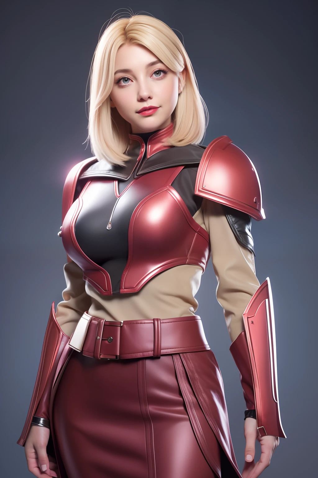 Beautiful Face Woman、a blond、transparent backround、 Beautuful Women、18year old、prety woman、hyper realistic photography、High-definition photos、Red Lipstick、Mandalorian Style Metal Armor Skirt Suit、big eye、The skin is not very exposed、Do not cut your head off the screen、skirt by the、Transparency