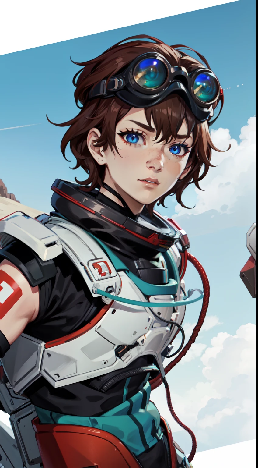 masutepiece, Best Quality, (Solo), 1girl in,  Horizon_\(Apex Legends\), goggles, Blue eyes, Brown hair, gauntlets, Shoulder Armor, Hats, (hitornfreckles:0.5), (scienc_fiction),kosmos,look at viewer