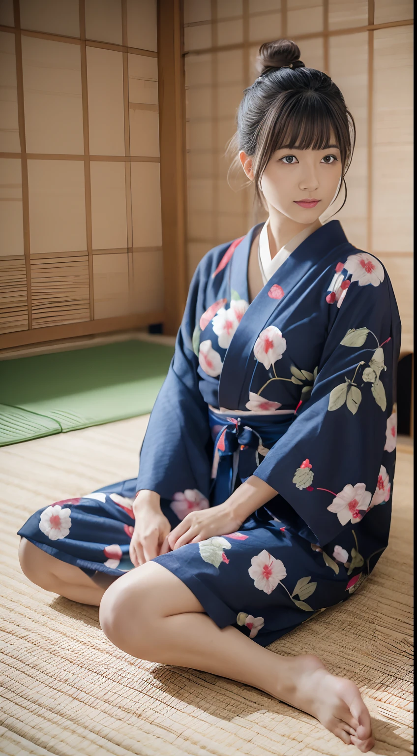 Best Quality, masutepiece, Photorealistic, High resolution, 8k RAW photo, 
1 woman, 25-years old, Lying on tatami mats, Yukata, The front of the yukata is exposed..., Reveal chest and legs,
 (Japanese-style room,tatami mats)