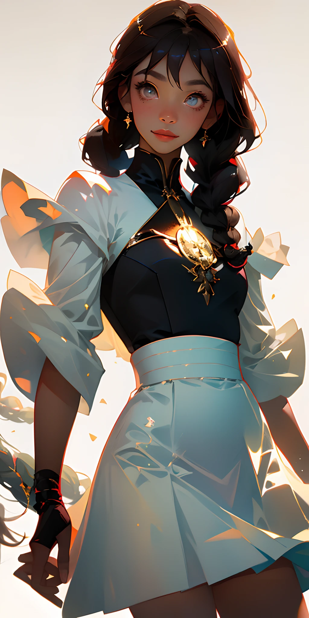 (ligne claire),tmasterpiece,The best quality,1girl,solo focus,(The upper part of the body),Hair between both eyes,(brunette color hair),Double braid,,(黑The eye),(white skirt),ssmile,sweet,By bangs,(white minimalistic background)
