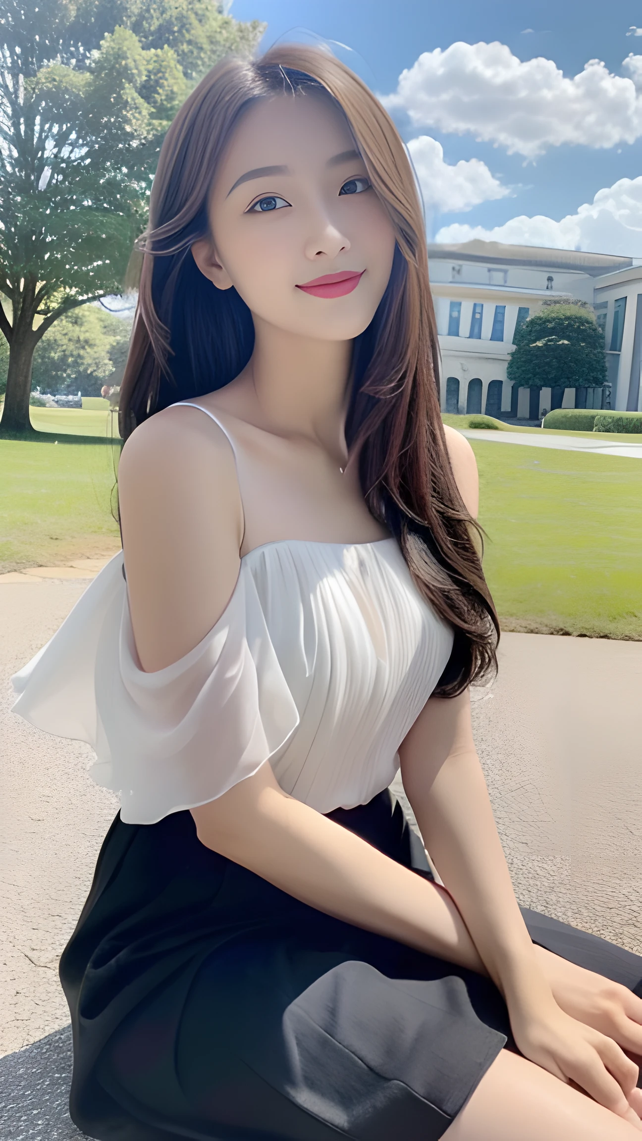 ((best qualtiy, 8K, tmasterpiece:1.3)), A pretty maiden，Pure，Melon seed face，gentle and cute，A sweet smile，Pure desire，Thin stature，(frontage)，(Tilt your head)，staring right into camera，uniform, Obi, formal，Black silky long, Straight hair，Long hair flowing over the shoulders，round black big eyes，Clear big eyes，Hydrated red lips，Sweet，Sit by the road，with blue sky and white clouds，grassy fields，Buildings，（Chiffon skirt，Chiffon tops）telephoto shot，A shallow smile，