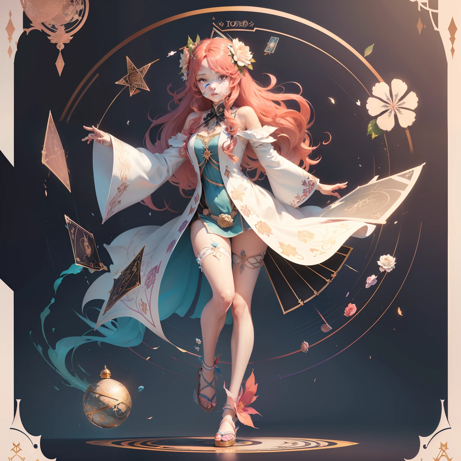 (Golden Ratio: 1.2),(Rose Graffiti:1.2),(Fault Color:1.3),[(White:1.4)::10],(Full-body:1.2),(Ultra Detail:1.3),(Tarot:1.6),(Magician:1.6),(Magician: Tarot): 1.6), (Paper: 1.2), (Fairy: 1.6), (Fairy Wings: 1.2), Full body, standing in the air, (Cool: 1.2), (Red Long Hair),(Butterfly Hair Ornament),( Floral Hair Ornament: 1.0),((Sandals,Rocket)),(Colorful Cocktail Long Dress:1.0)+ (Loose Sleeve Coat:1.3)+(Floating Colorful Tassel and Ribbon: 1.2),(White Stockings: 1.2),(Multicolored Ink Paper Flowers Growing on Face:1.2),(Colorful Flower Sea:1.3),(Chaotic Geometric Image:1.3 ), (Negative space: 0.8), (Drawing board: 1.3), (Ether Colorful Ink Flow: 1.3)