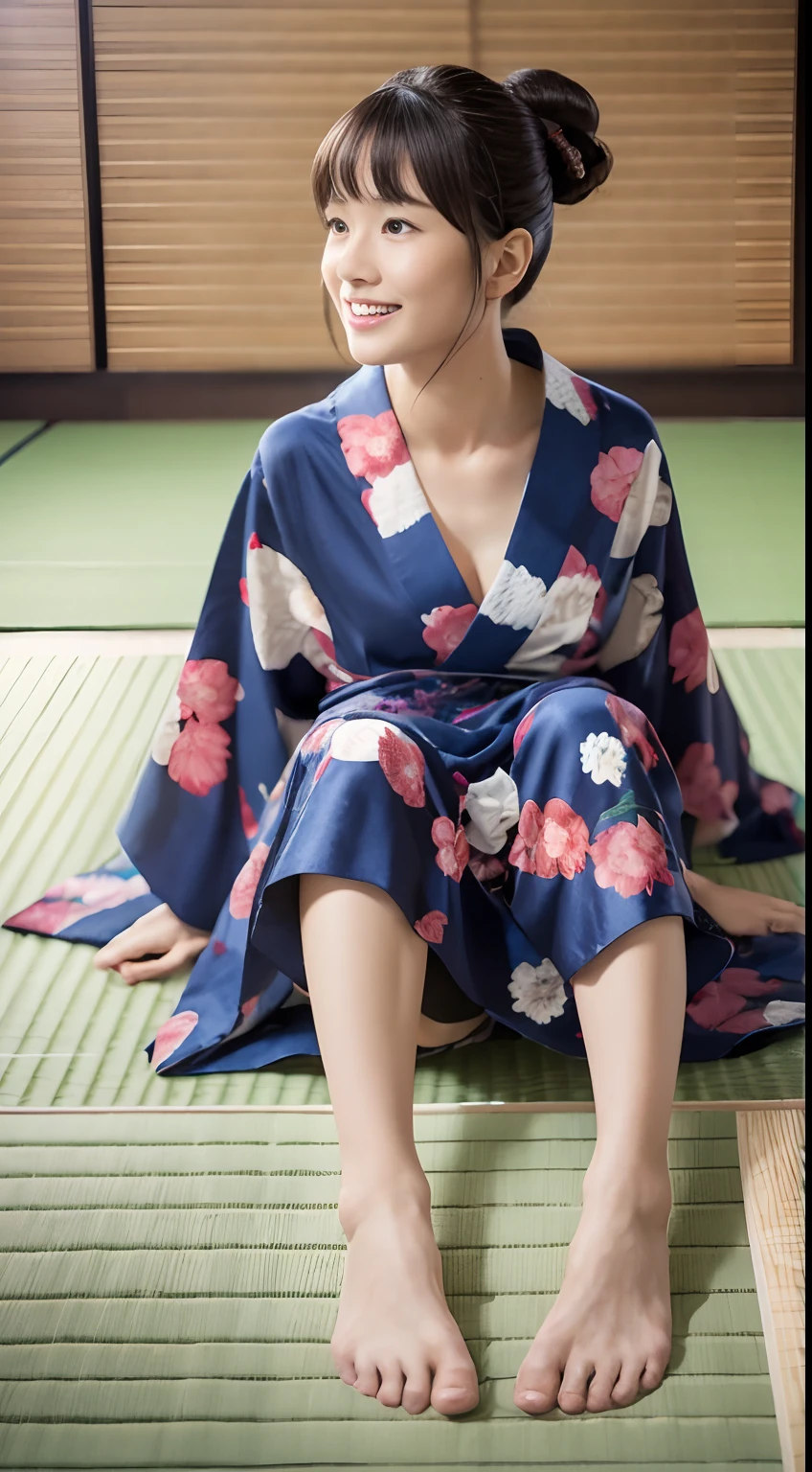 Best Quality, masutepiece, Photorealistic, High resolution, 8k RAW photo, 
1 woman, 25-years old, Lying on tatami mats, Yukata, The front of the yukata is exposed..., Reveal chest and legs,
 (Japanese-style room,tatami mats)
