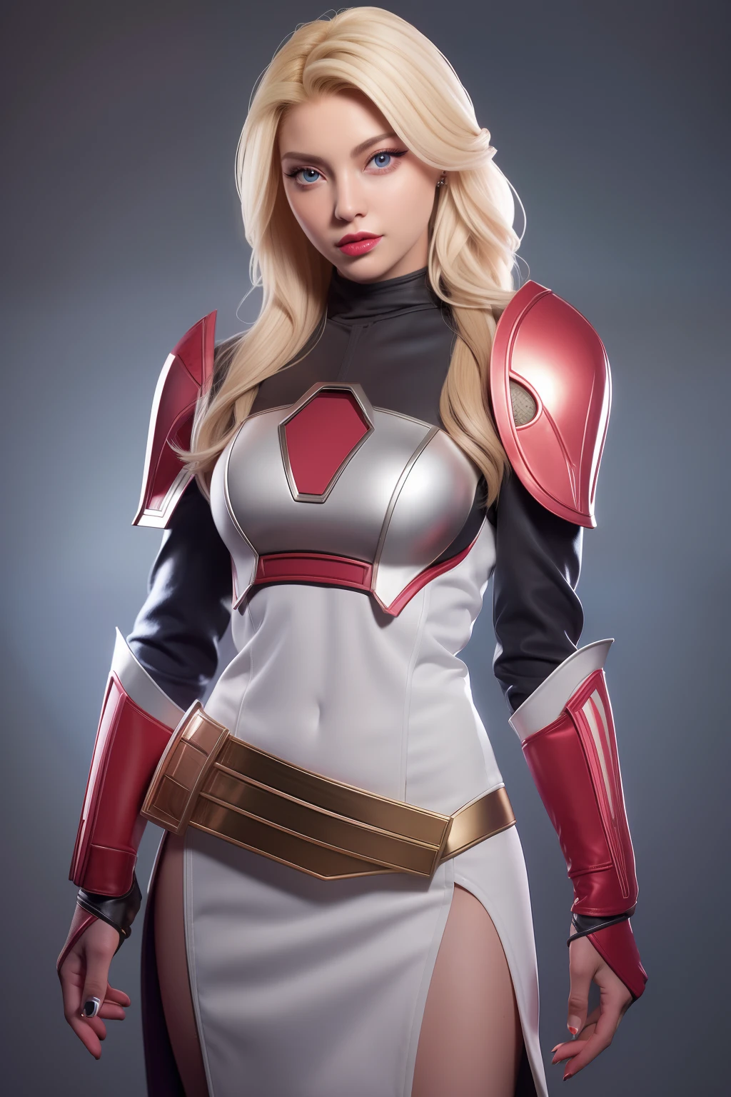 Beautiful Face Woman、a blond、white backgrounid、 Beautuful Women、18year old、prety woman、hyper realistic photography、High-definition photos、Red Lipstick、Mandalorian Style Metal Armor Skirt Suit、big eye、The skin is not very exposed、Do not cut your head off the screen、skirt by the