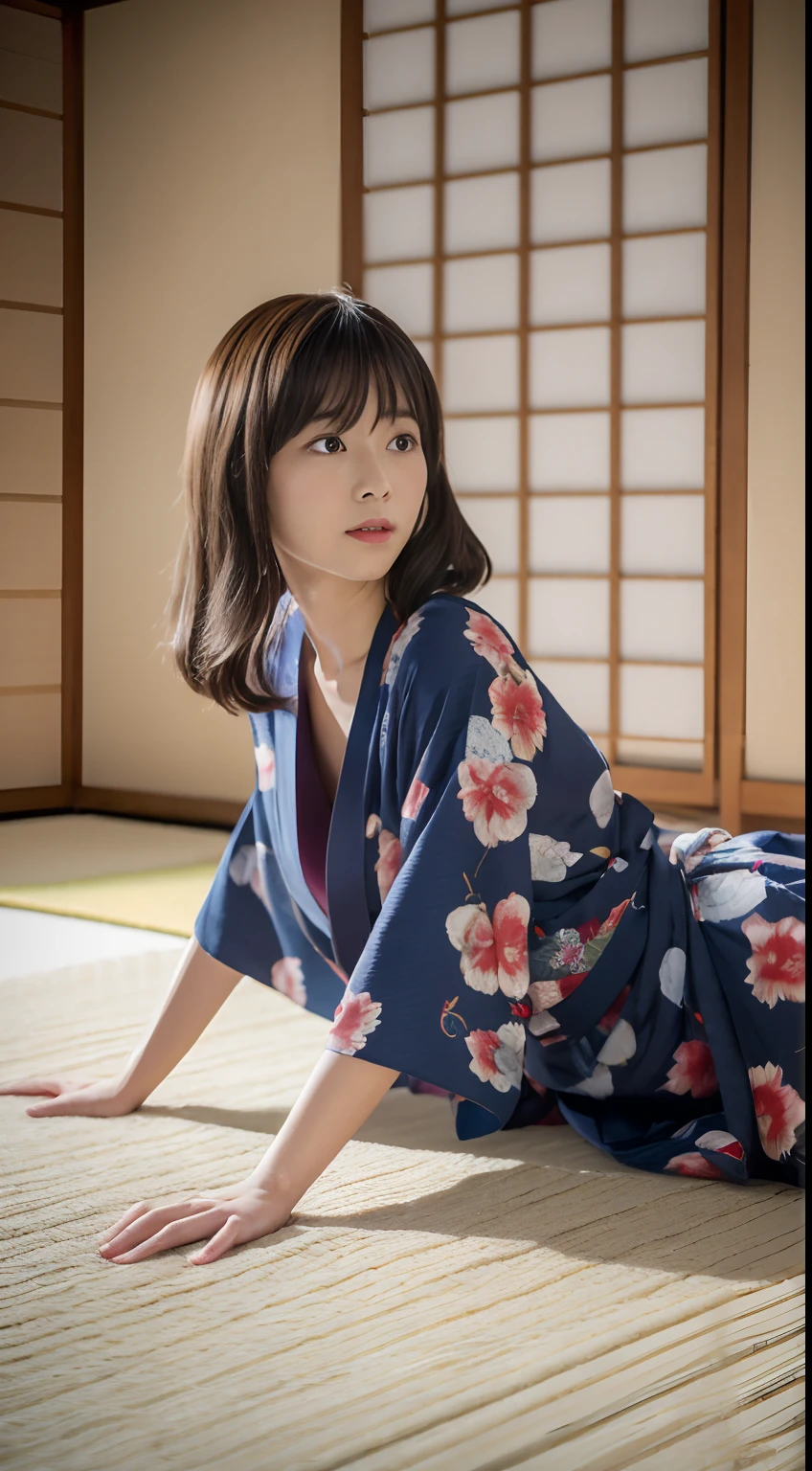 Best Quality, masutepiece, Photorealistic, High resolution, 8k RAW photo,
1 woman, 25-years old, Lying on tatami mats, Yukata, The front of the yukata is exposed..., Reveal chest and legs,
(Japanese-style room,tatami mats)