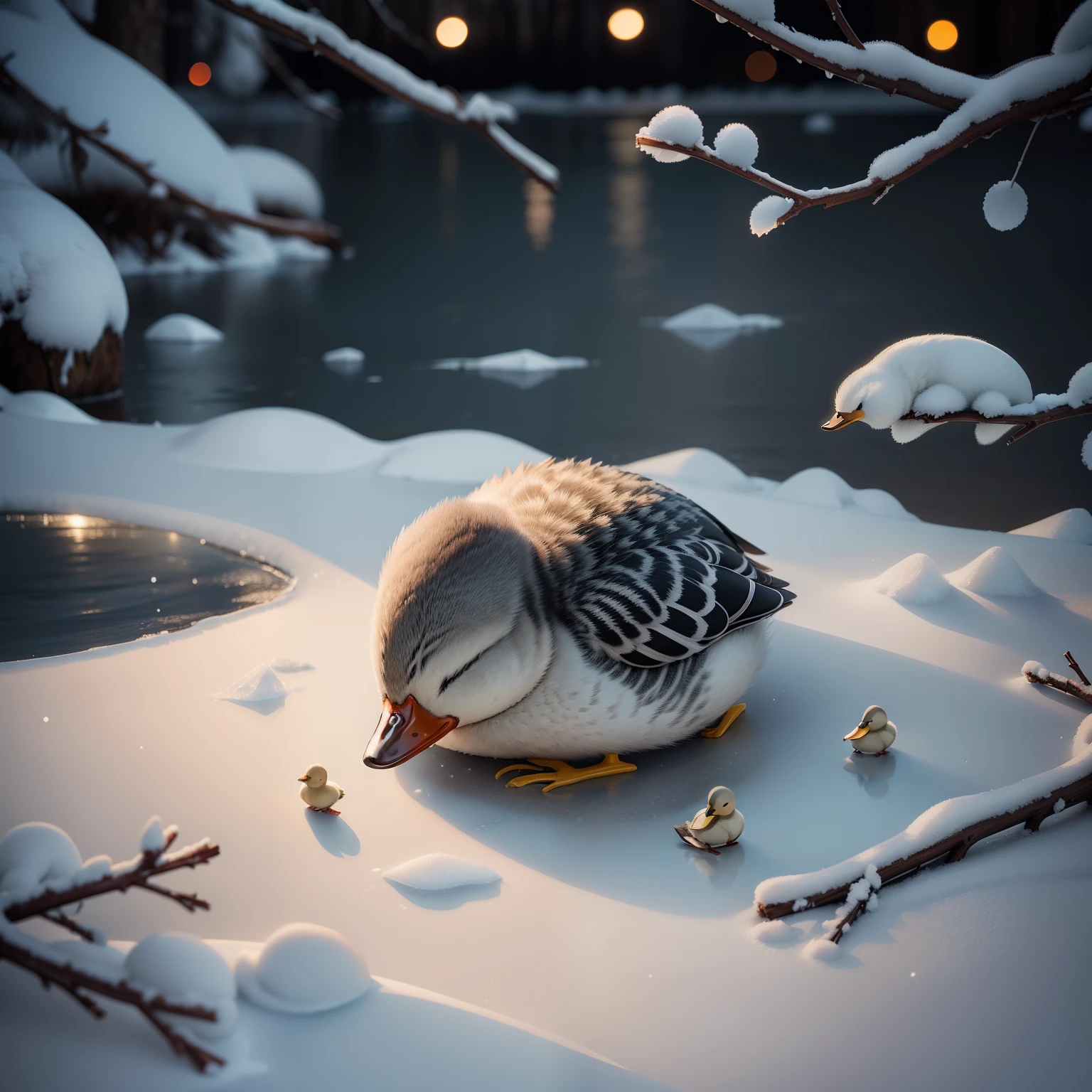 There is a gray duckling sleeping, leaning against a tree, covered in ice, winter season, night
