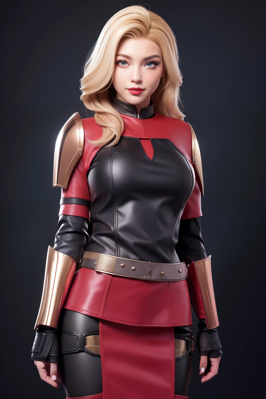 Beautiful Face Woman、a blond、black backgrounds、 Beautuful Women、18year old、prety woman、hyper realistic photography、High-definition photos、Red Lipstick、Mandalorian Style Metal Armor Skirt Suit、big eye、The skin is not very exposed、Do not cut your head off the screen、skirt by the