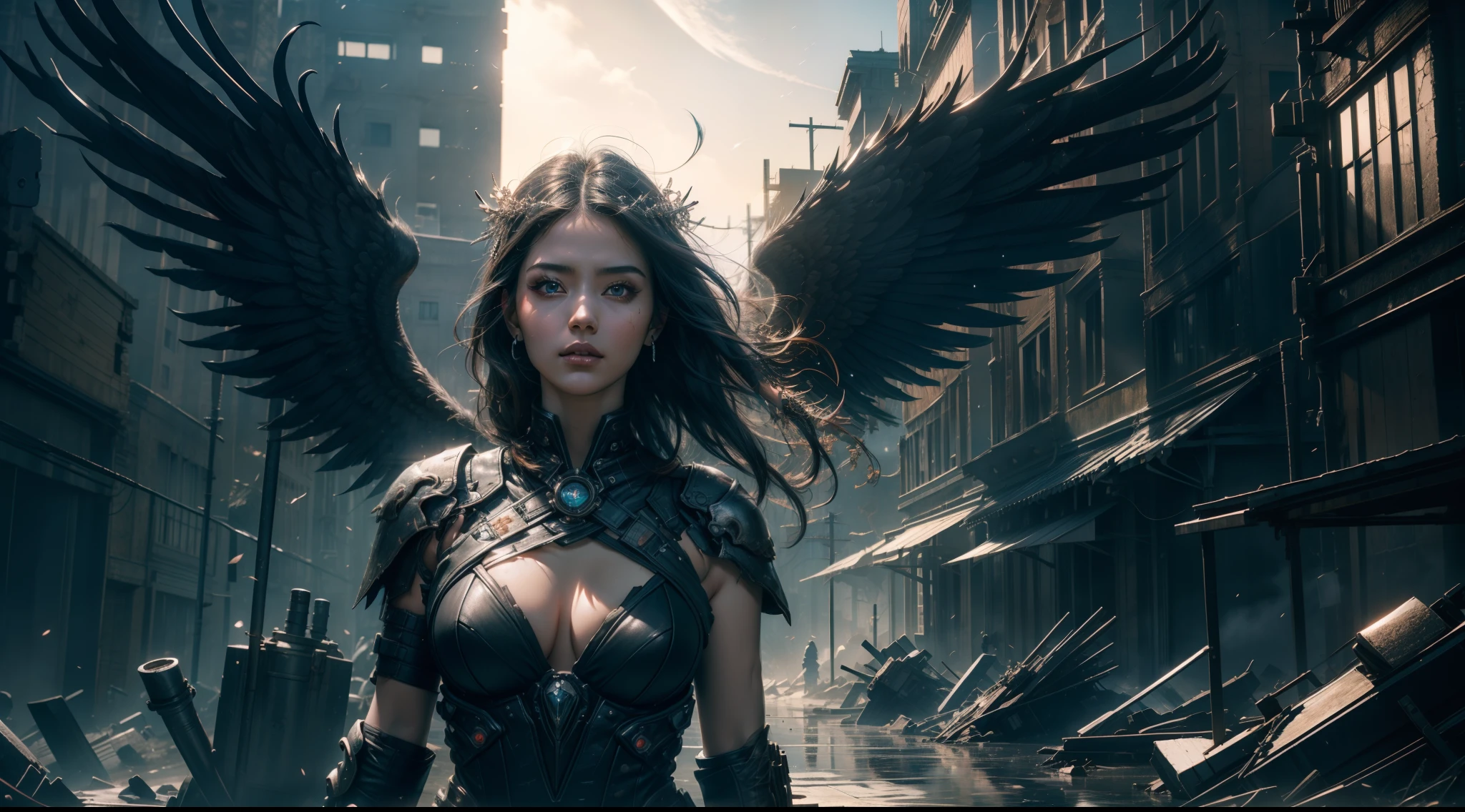 ((best qualtiy)), ((tmasterpiece)), ((Realistis)), (A detailed), (realisticlying:1.5),illusory engine, (High detail: 1.9),(femele:1.4),(big breasts beautiful: 1.4),(carismatic:1.3), (Large breasts), a female demon,Black feathered wings,Thorn head ring, beuaty girl,beauitful face, looking at viewert, dynamicposes, postapocalyptic, Destroyed city background, scientific fiction, hdr, Ray traching, NVIDIA RTX, Hyper-Resolution, Unreal 5, sub surface scattering, PBR textures, Post-processing, Anisotropic filtering, depth of fields, Maximum clarity and sharpness, trichotomy,8K original,(Luminous Particle:1.4),(VerydetailedCG,Unity 8k壁纸,cinmatic lighting,lens flare glow),Reflectors,Sharp focus,
