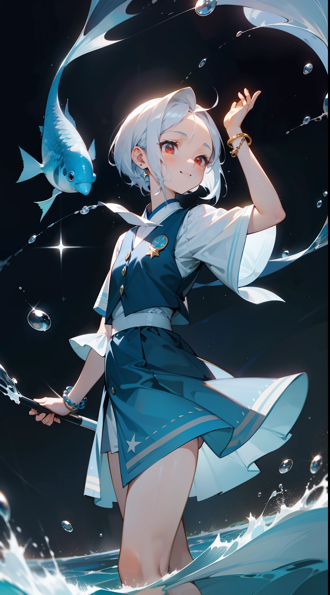 star ,star gazer, 1GIRL, CUTE, water, smile, asian, face seen from the side, fish, ORION, flowing water, divine ,White hair , dutch_angle, looking_down, thick_thighs, short hair, parted bangs, hair pulled back, grey hair, doyagao, red eyes, bracelet, vest, sparkle, beautiful and detailed bubbles, Deep sea background,