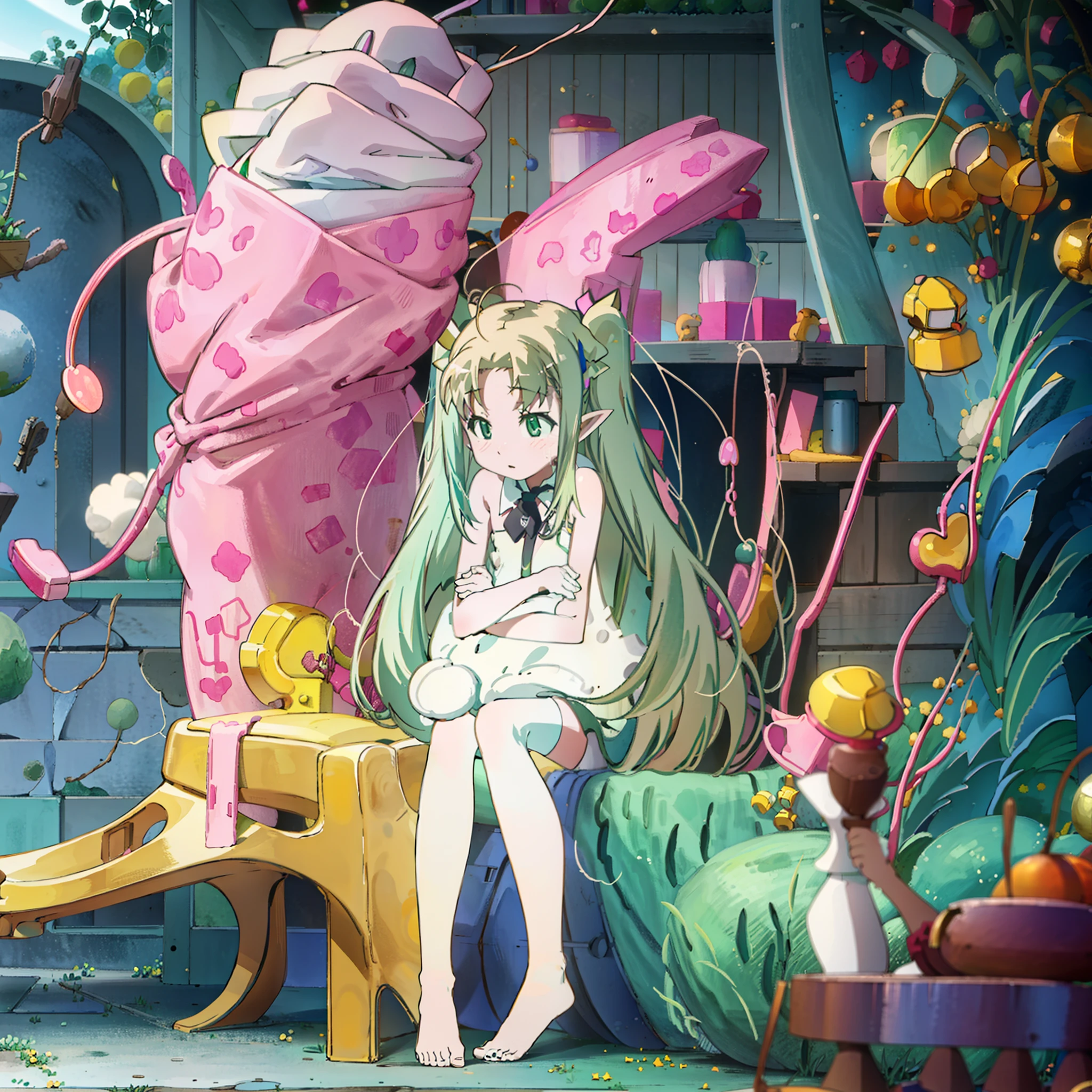 quadratic element,Female 16 years old,the elf,Green hair,Pink home background,Foot control