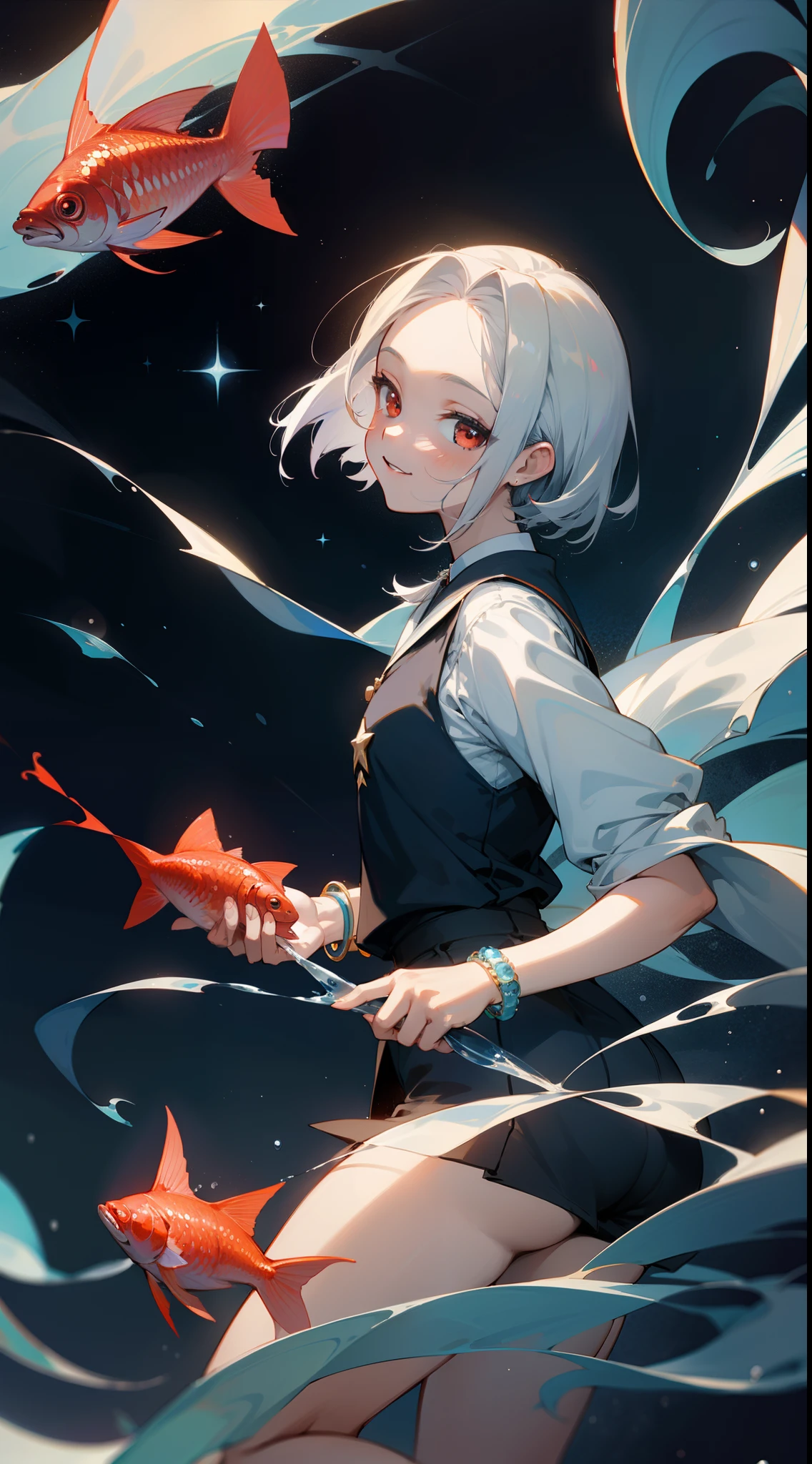 star ,star gazer, 1GIRL, CUTE, water, smile, asian, face seen from the side, fish, ORION, flowing water, divine ,White hair , dutch_angle, looking_down, thick_thighs, short hair, parted bangs, hair pulled back, grey hair, doyagao, red eyes, bracelet, vest, sparkle, beautiful and detailed bubbles, Deep sea background,