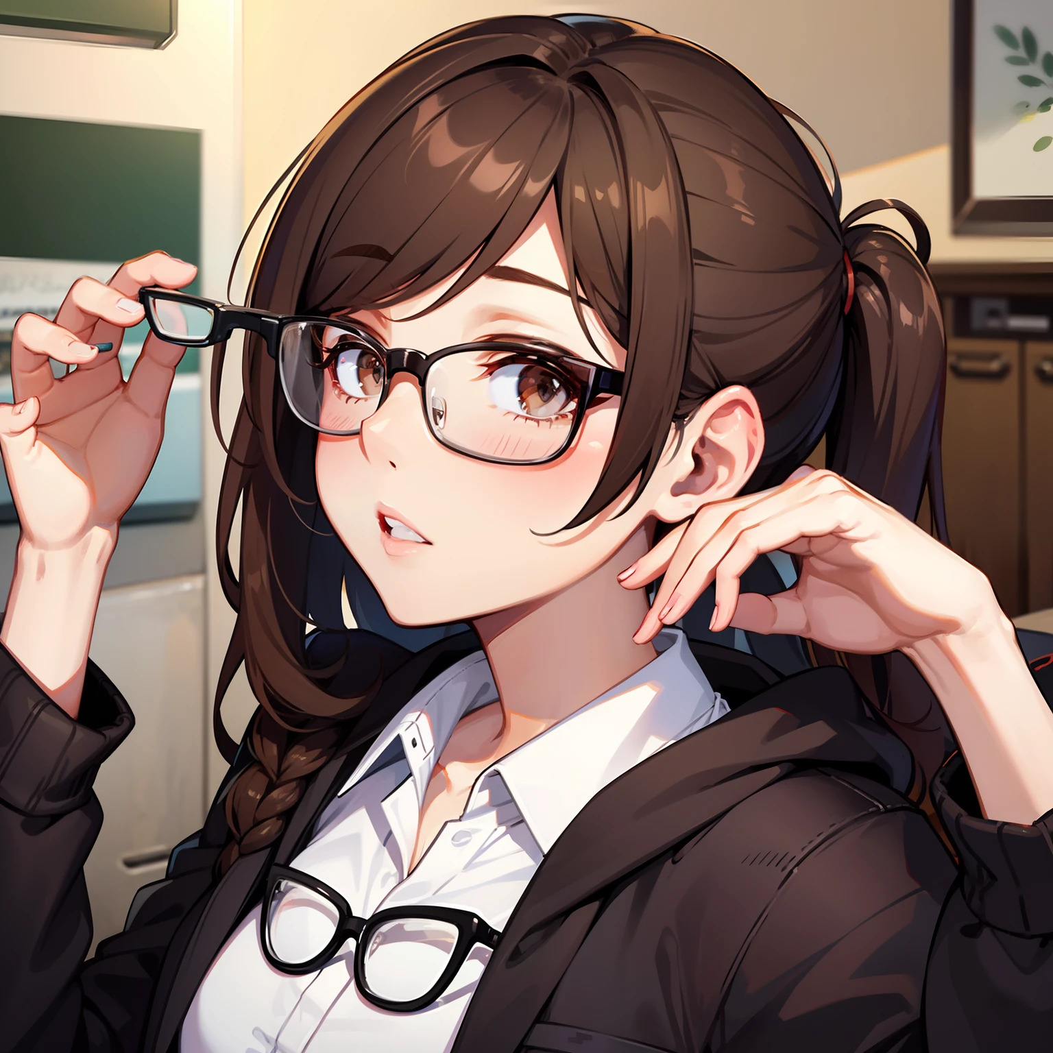 Brown hair(half up)、1 female、eye glasses
