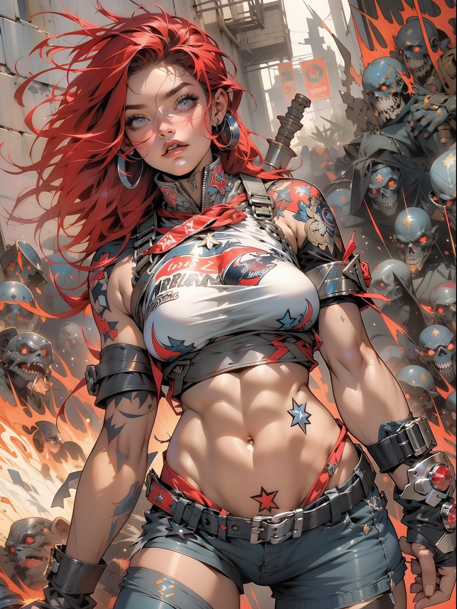 (((mulher))), (((melhor qualidade))), (((obra prima))), (((adulta))), Uma guerreira mulher de 35 anos com corpo perfeito, Brooklyn Gladiators, (( under boobs )), quase nua no estilo selvagem urbano de Simon Bisley para a capa da revista Heavy Metal, cabelo loiro, Minimum clothing, armadura (azul escuro com estrelas brancas e vermelho com listras brancas), cheio de pontas e rebites manchadas de tinta, tatuagem de estrelas de 5 pontas, (((corpo inteiro))), cabelo preto curto com franja branca cobrindo a testa