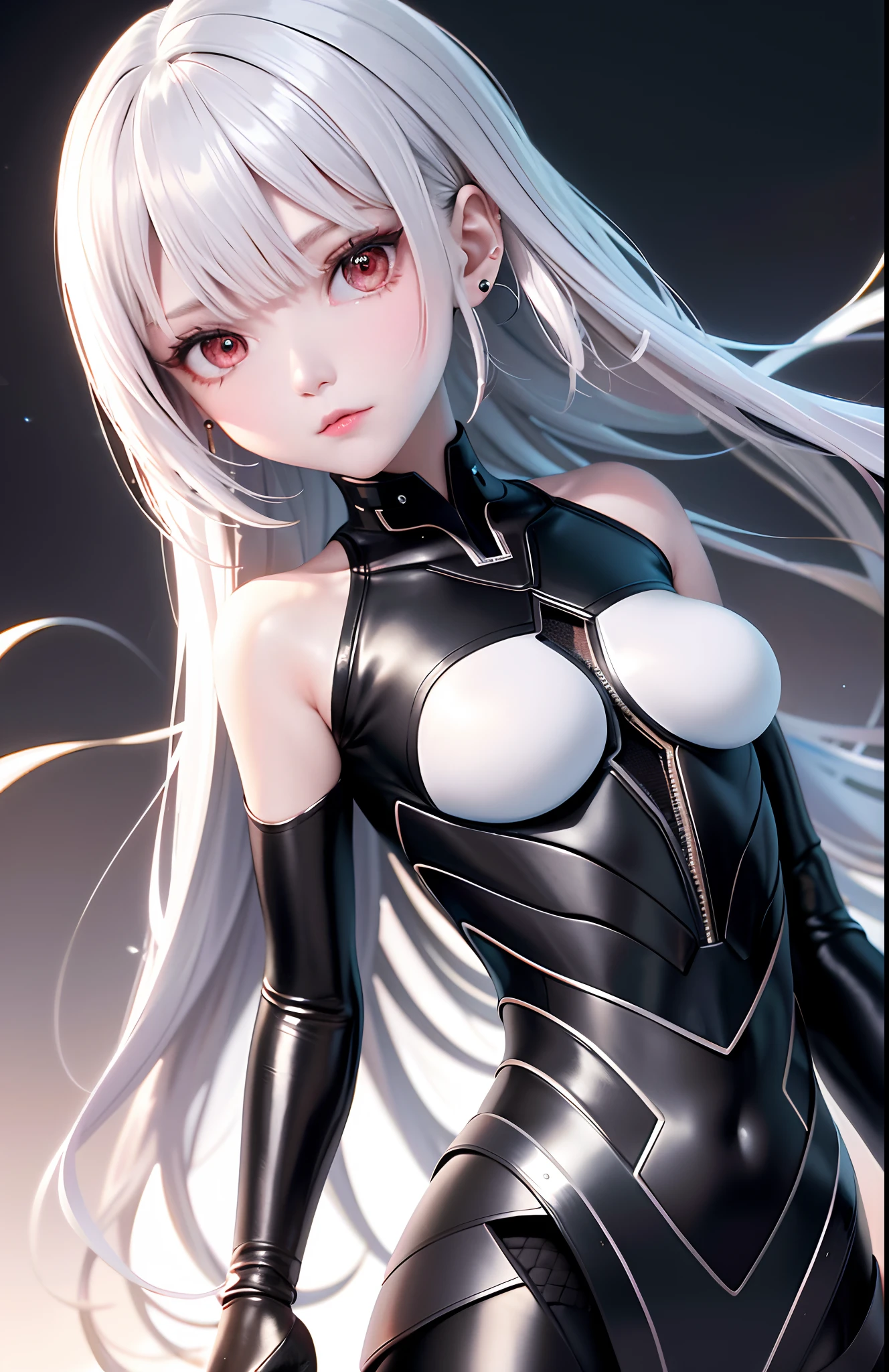 optimum,tmasterpiece,A high resolution,best qualtiy,hyper HD,super detailing,Award-Awarded,16k,独奏,(The upper part of the body),anatomy correct,Beautiful cyberpunk girl,Ex Machina,cute face,high light,Gradient Beige Hair,Hairline,((Scarlet eyes)),long eyelasher,Hanging eye corners,White skin of the,(small boobs),(Slim body),((Tight short jacket)),((frilled_dress)),ear studs,(neck rings), very short gloves,(Laser material clothing:1.2)