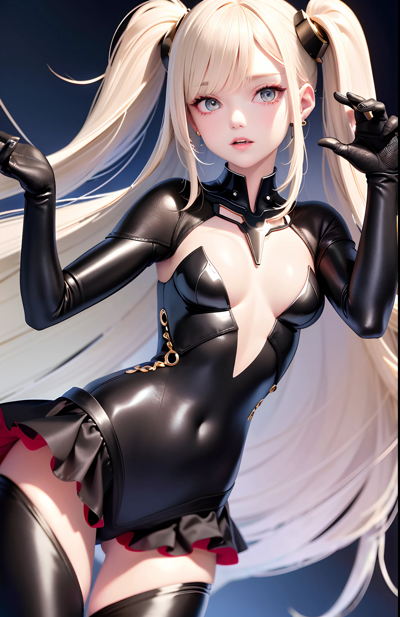 optimum，tmasterpiece，A high resolution，best qualtiy，hyper HD，super detailing，Award-Awarded，16k，独奏，（The upper part of the body），anatomy correct，Beautiful cyberpunk girl，Ex Machina，cute  face，high light，Gradient Beige Hair，Hairline，（（Scarlet eyes）），long eyelasher，Hanging eye corners，White skin of the，（small boobs），（Slim body），（（Tight short jacket）），（（frilled_dress）），ear studs，（neck rings）， very short gloves，（Laser material clothing：1.2）